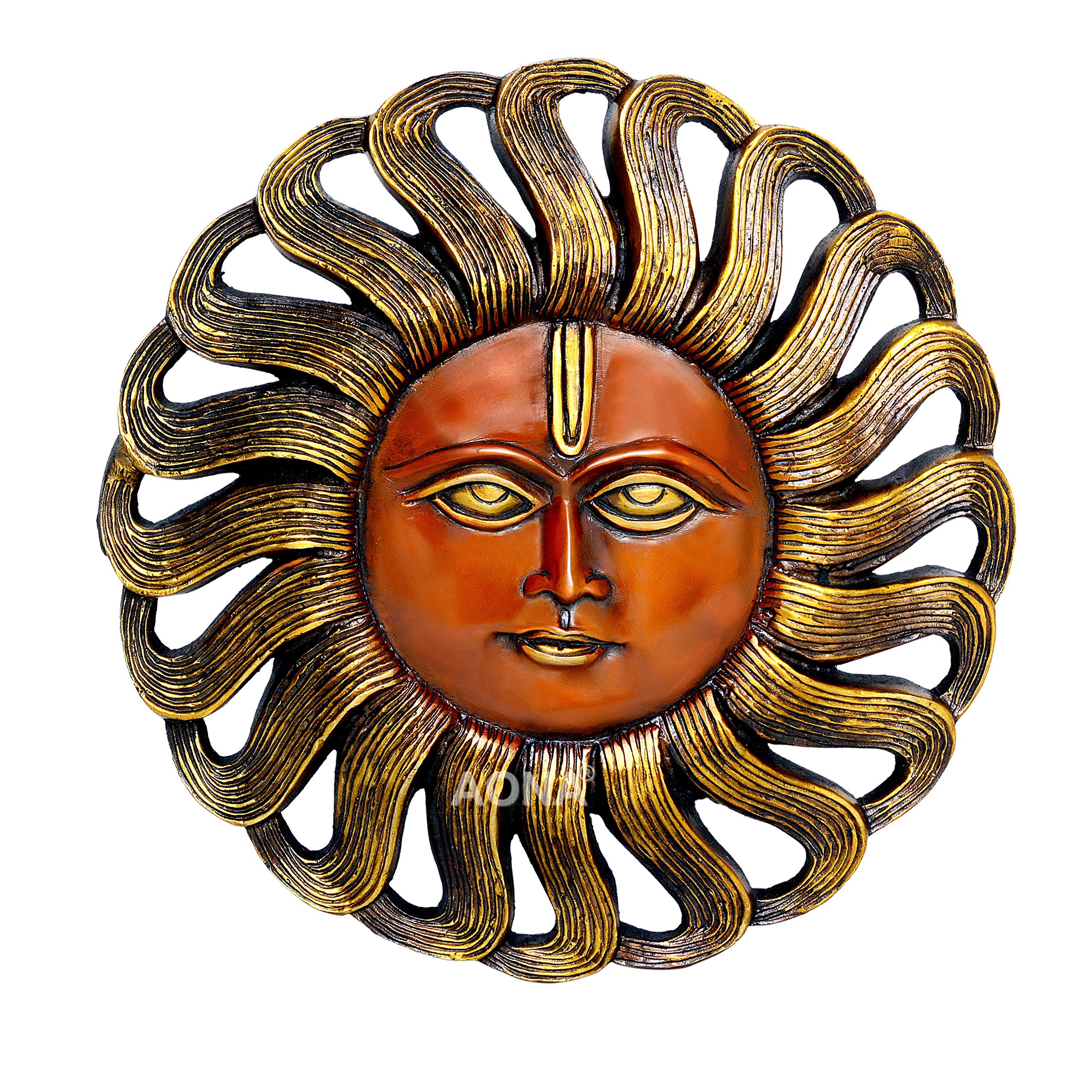 AONA Sun AONA Beautiful Sun (Surya) Face Murti Idol Statue Sculpture Wall Hanging of Brass Height 10 Inches (Orange Gold)