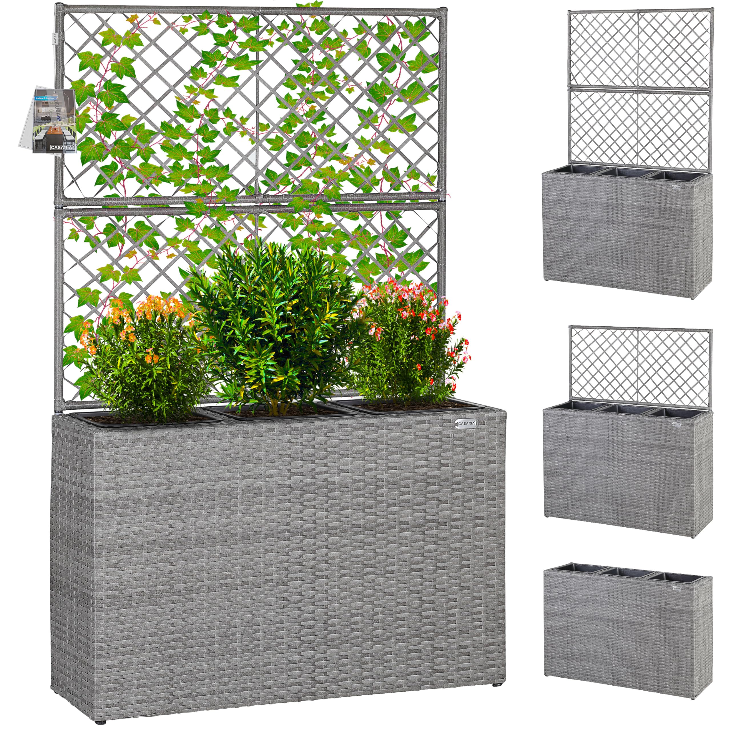 Casaria Jardinière en polyrotin avec Treillis Gris 146 x 83 x 30,5 cm Set de 3 Pots de Fleurs bac à Fleurs pour Jardin Maison Balcon