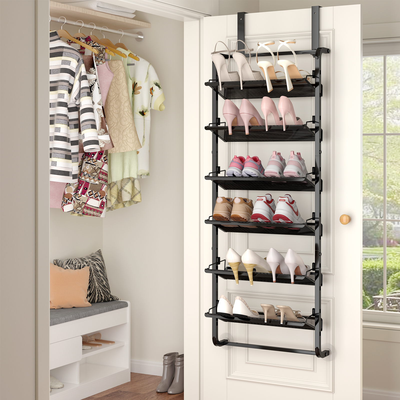 BUKFEN 6-Tier Adjustable Metal Shoe Rack, Over Door & Wall Mount Organizer