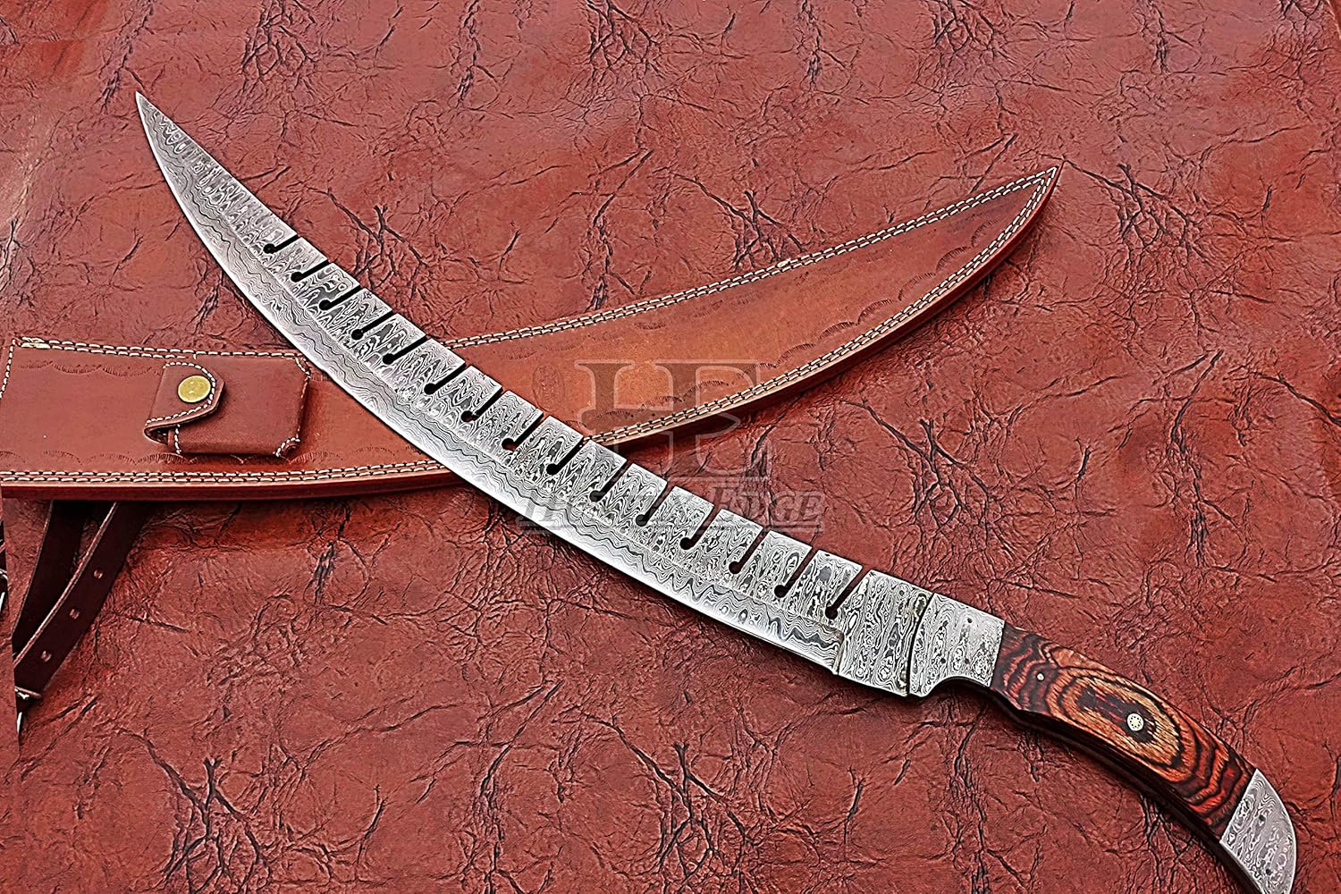 HUNTEX Custom Handmade Hand-Forged Ladder Pattern Damascus Steel 24 Inch Long Full Tang Pakka Wood Handle Razor Sharp Rambo Sword with Genuine Leather Sheath