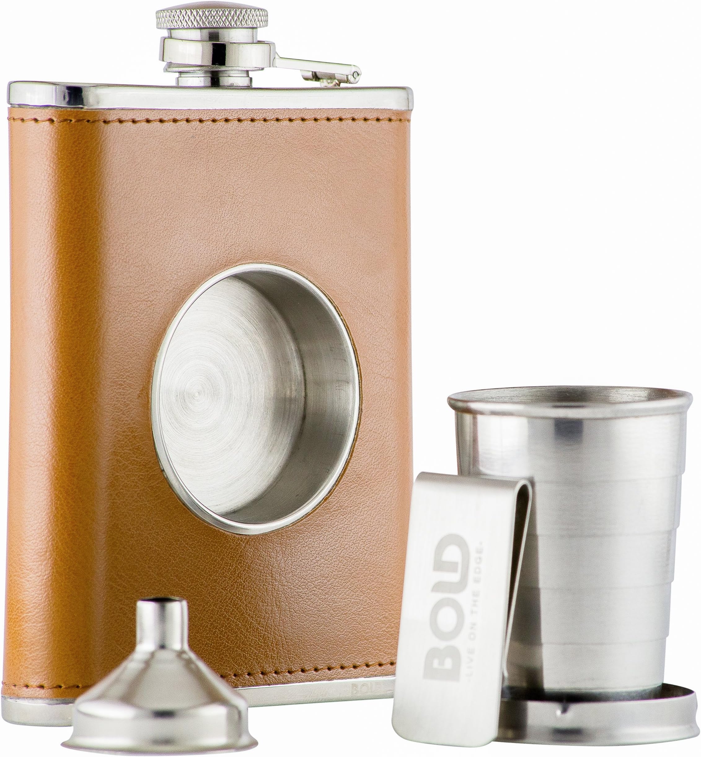 8 Oz. 304 Stainless Steel, Brown Leather Hip Flask, Shot Flask with Built-in Collapsible 2 Oz. Shot Cup, Bonus Stainless Steel Funnel and Money Clip by Bold Brands