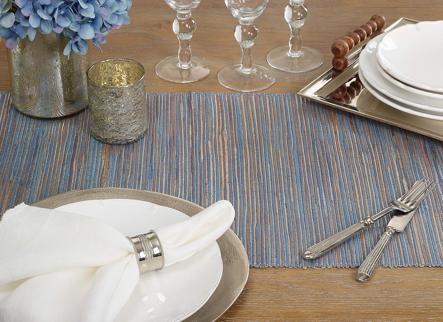 Blue-Grey Jute Woven Table Runner with Metallic Shimmer