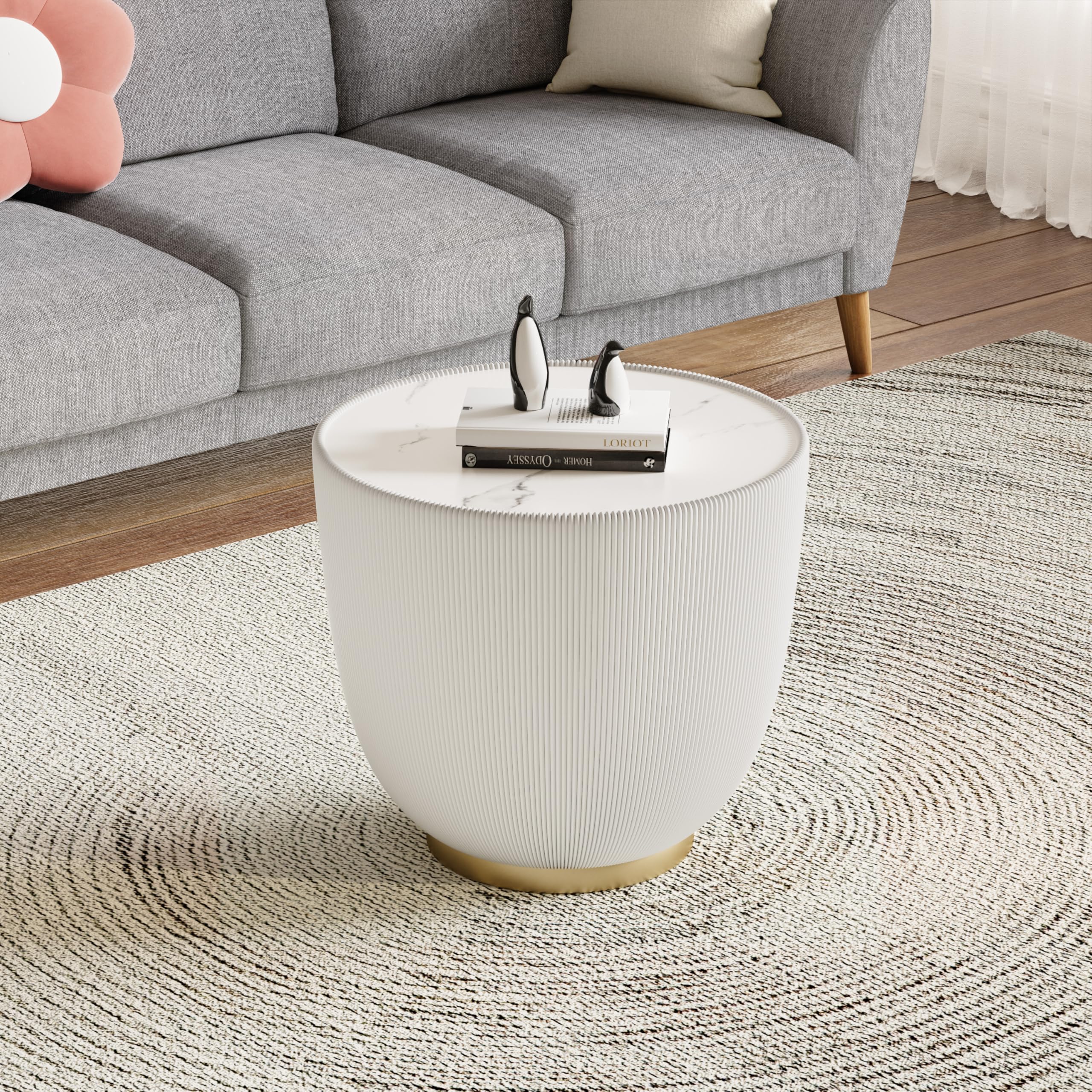 Henf Marble Round Side Table, 19.7" Fluted End Table for Small Spaces,White Sintered Stone Top & PU Leather Covered & Gold Metal Base, Small Bedside