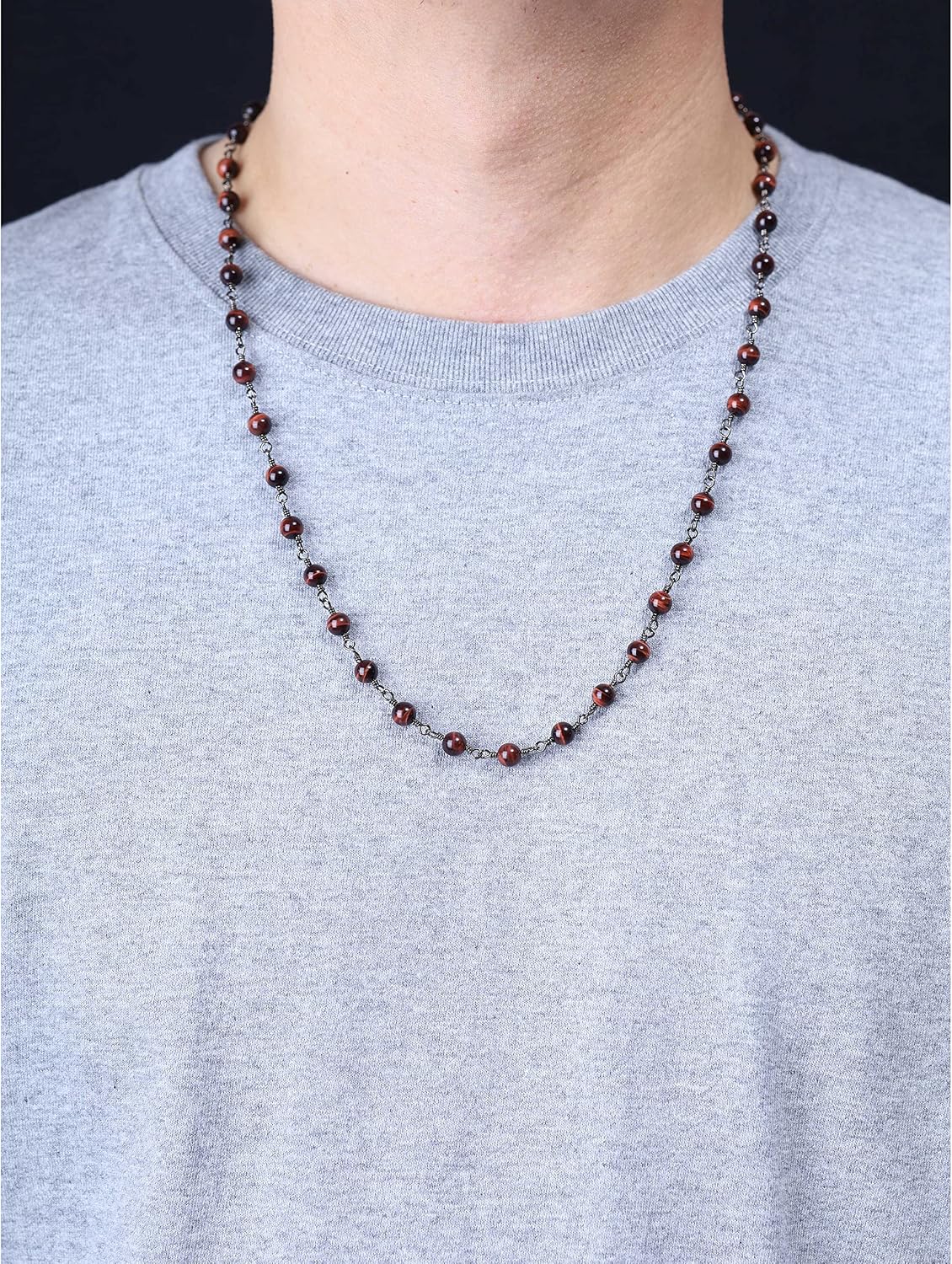COAI Men's Women's Genuine Stone Beaded Tiger Eye/Onyx Necklace