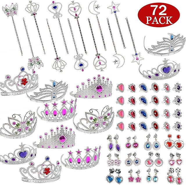 Nunki Toy Jewelry Toy,72 Pieces Princess Pretend Jewelry Toy Playset,Assorted Jewelry Dress Up Costume Toy Rings,Crowns,Wands Toys for Girls Princess Party Favors