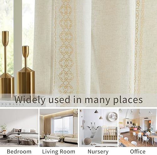 Miniatura 5 de ZHOCHI Cortinas de lino para ventana, con estampado metálico de rayas bohemias, de mezcla natural, con ojales en la parte superior,