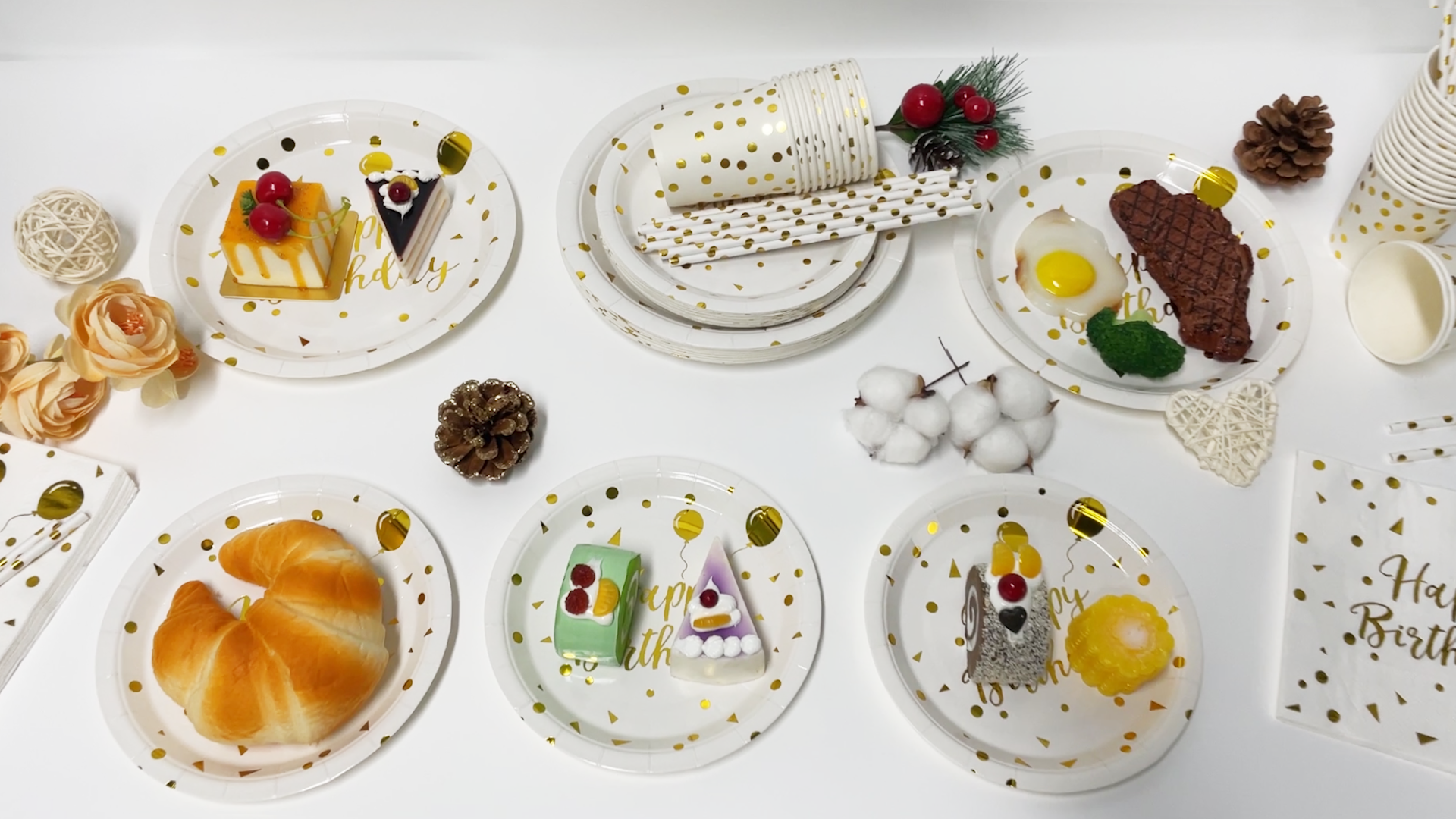 Service Vaisselle Jetable Doré - 120 Pièces Pour Anniversaire - Style élégant Blanc Et Or Pour 24 Invités