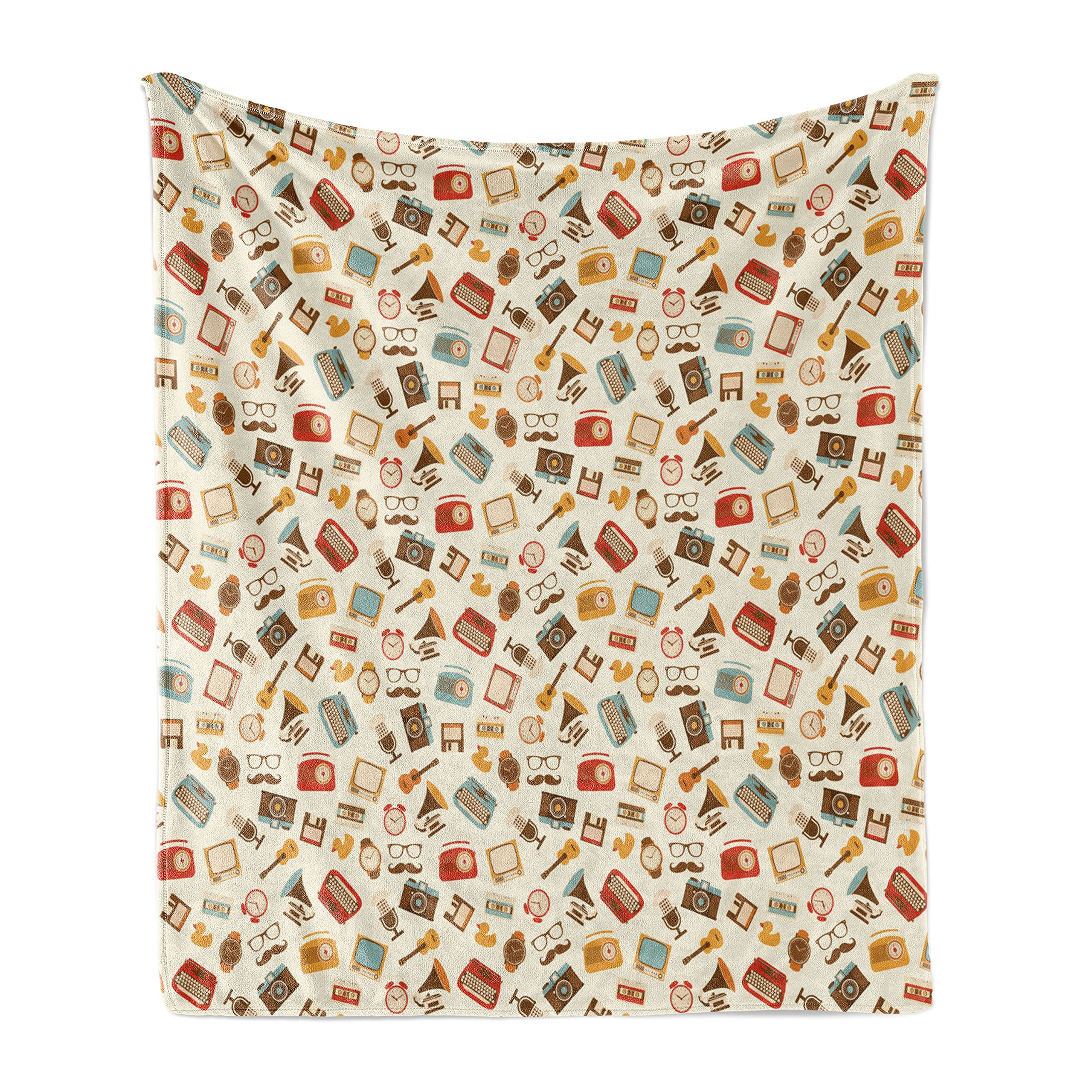 Ambesonne Vintage Throw Blanket, Retro Pattern Old Fashioned Alarm Clock Typewriter Gramophone Radio Cassette, Flannel Fleece Accent Piece Soft Couch Cover for Adults, 50" x 70", Multicolor