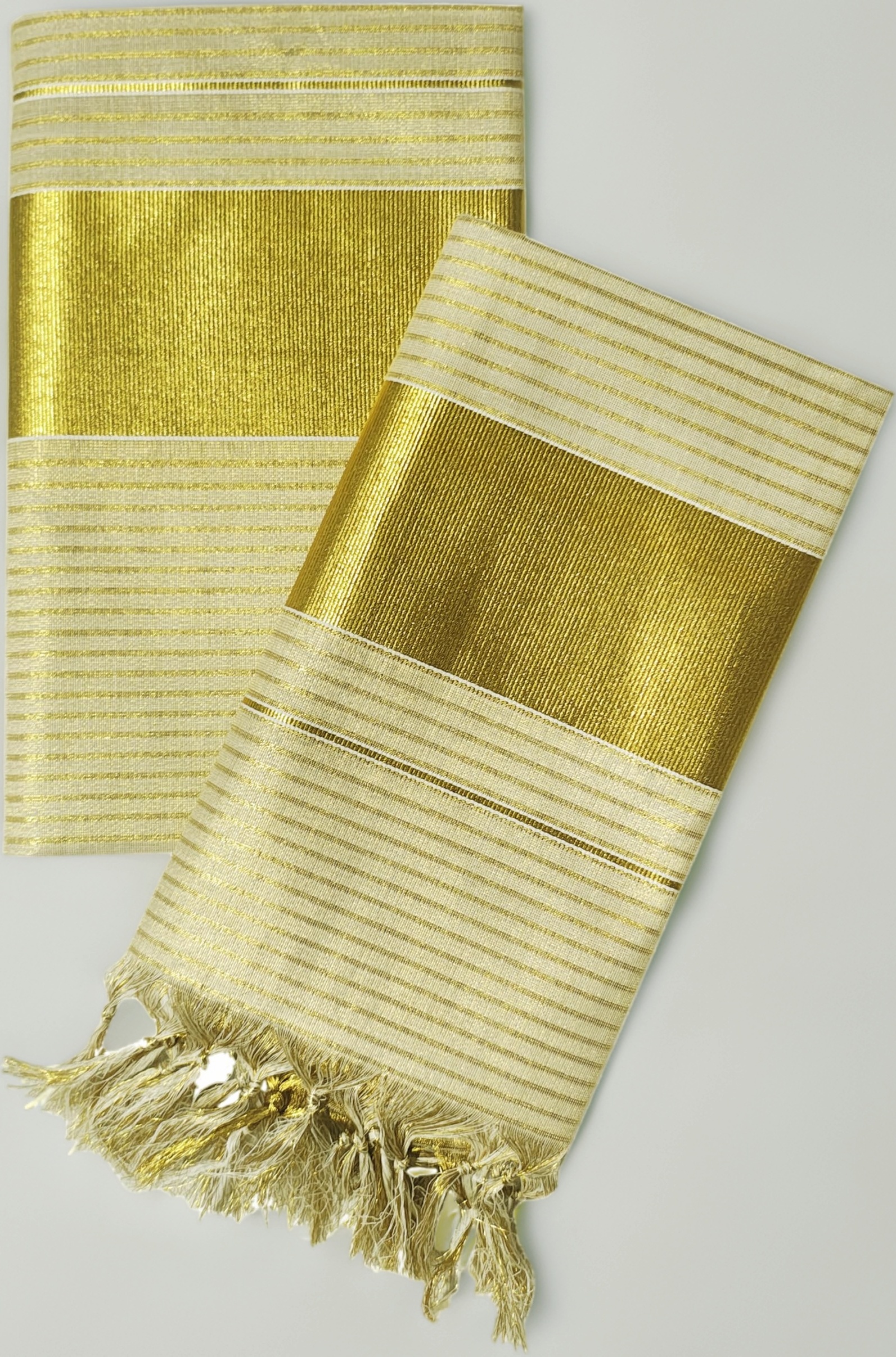 Women's Kerala Traditional Flora Tissue Kasavu Set Mundu With Tassels 2.00x2.80 Meters