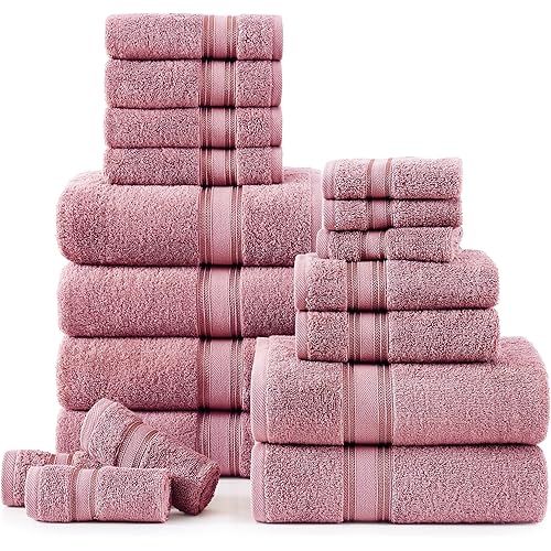 LANE LINEN Premium Bath Towel Set of 18 – 100% Cotton, 6 Bath, 6 Hand Towels & 6 Washcloths, Zero Twist, Ultra Soft & Durable, Quick-Dry, Ideal for Spa, Hotel & Everyday Use – Wishful Mauve