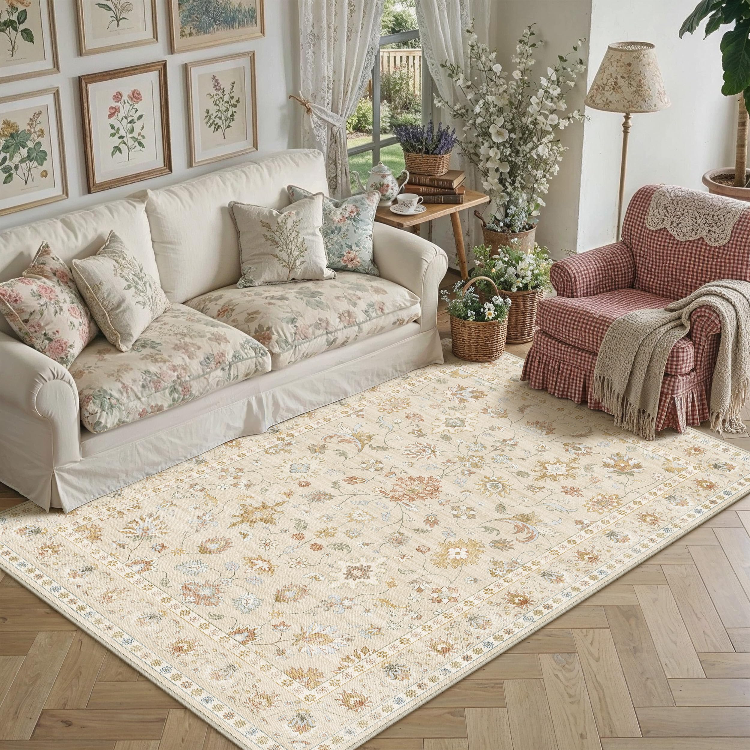 PureCozy Beige Washable Rugs Living Room 160x230cm Light Floral Carpet — image 1