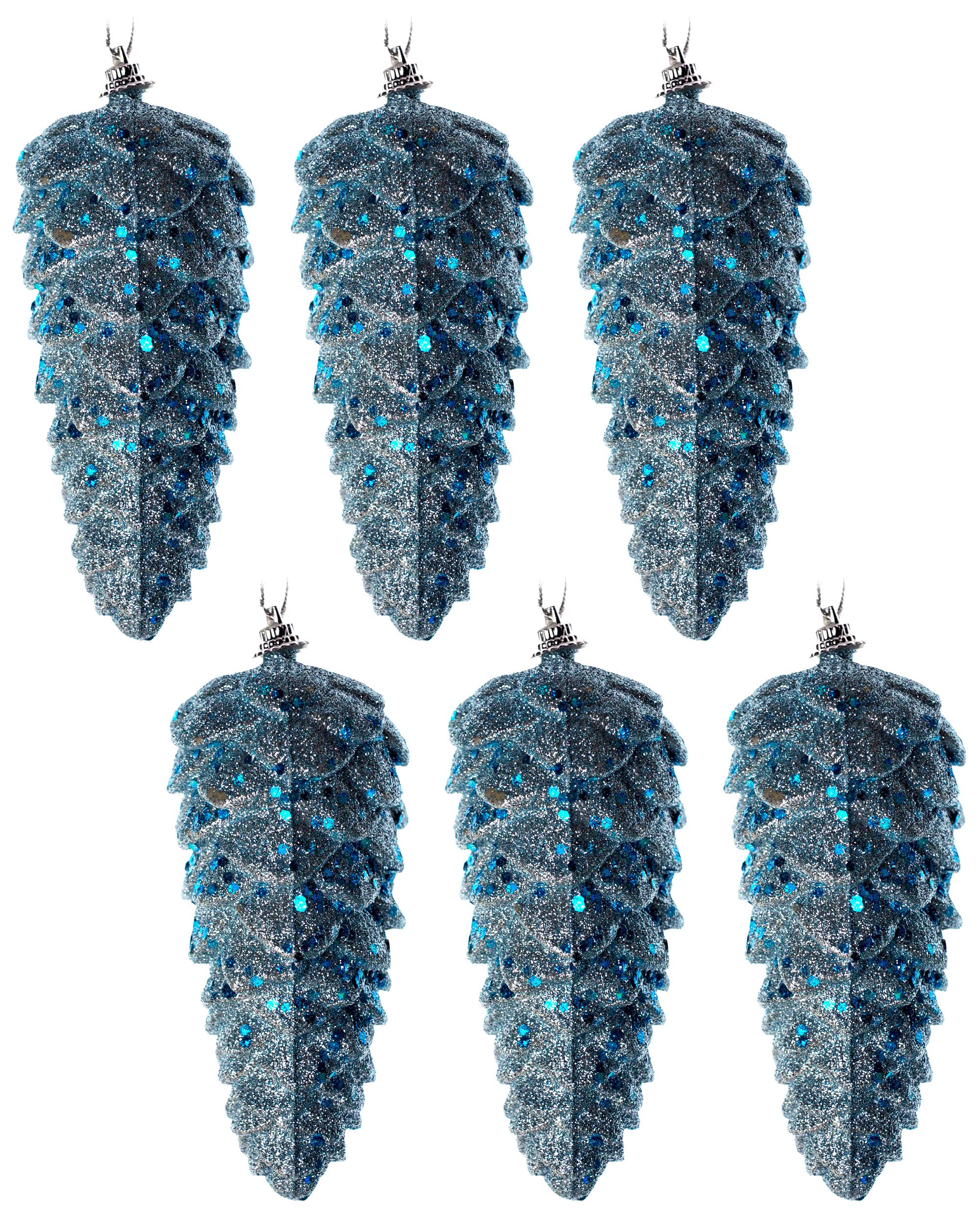 Large 13cm Ice Blue Pine Cone Christmas Tree Baubles Decorations (Set of 6)