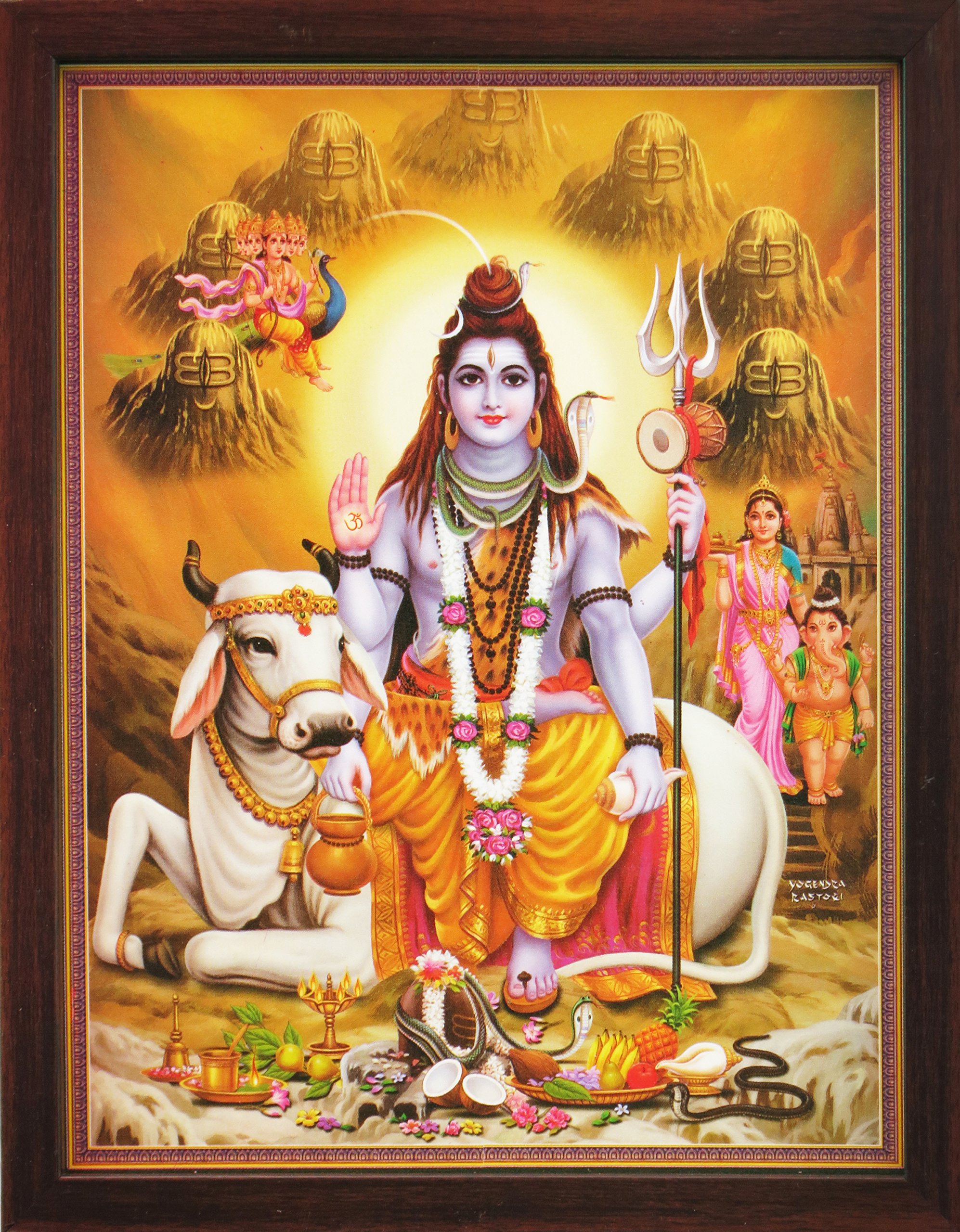 Handicraft Store Shiva Sitting on his Cow Nandi in Himalaya, A Poster Painting with Frame for Hindu Religious Worship Purpose