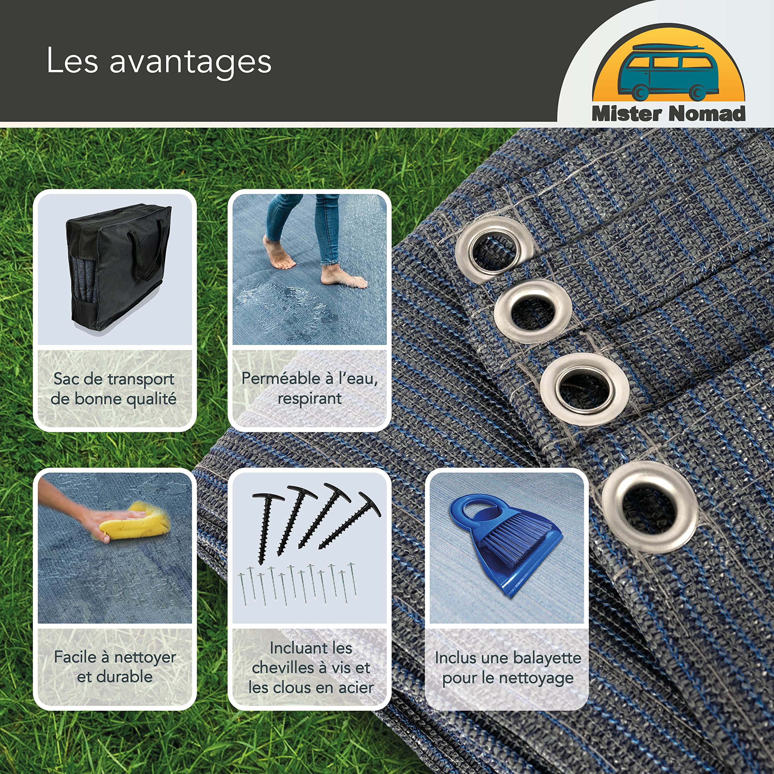 Mr Nomad Tapis Auvent Caravane 300 g/m² – Tapis de Camping Extérieur Respirant avec 4 Piquets en T, 12 Sardines en Acier et Sac