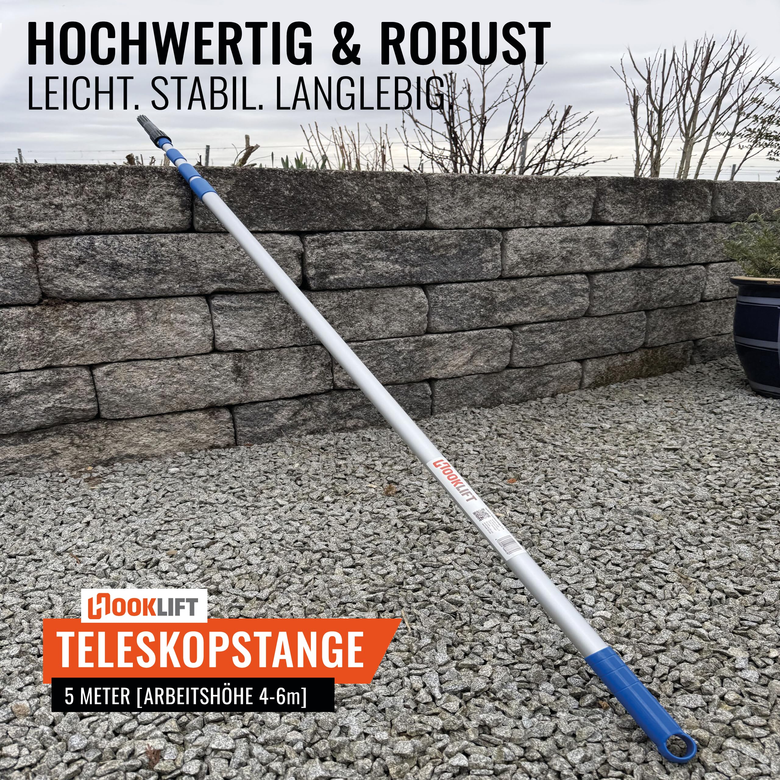 die KÜRZESTE 5m Alu-Teleskopstange mit Adapter, stufenlos von 154 bis 505 cm verstellbar; ideal für das neuartige Magnet-Haken-System und für weitere Werkzeugaufsätze nutzbar