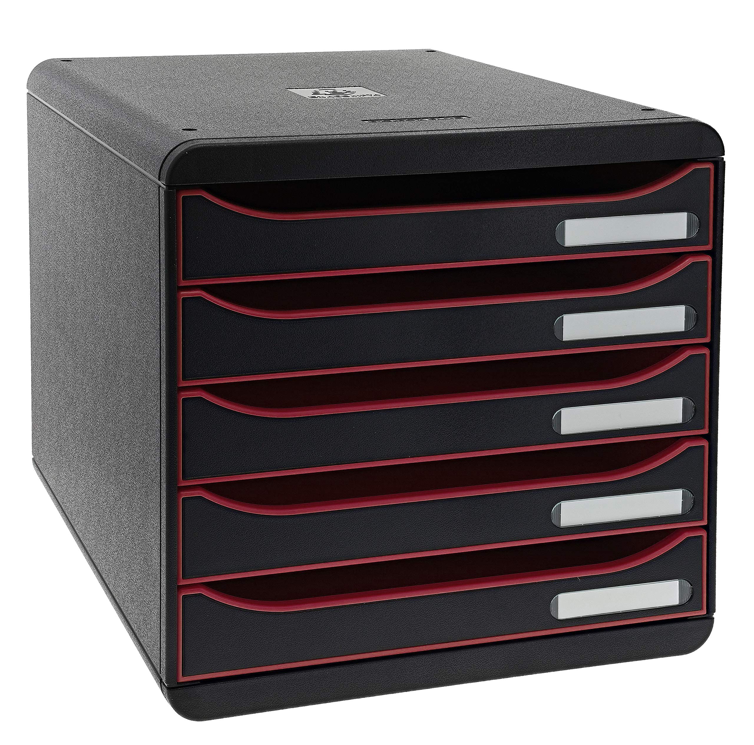 Exacompta 309984D - Módulo individual con 5 cajones para documentos A4+, ultra-rígido, cajones abiertos, con stop de seguridad - 347x278x271 mm - BIG-BOX PLUS -Negro/frambuesa/negro