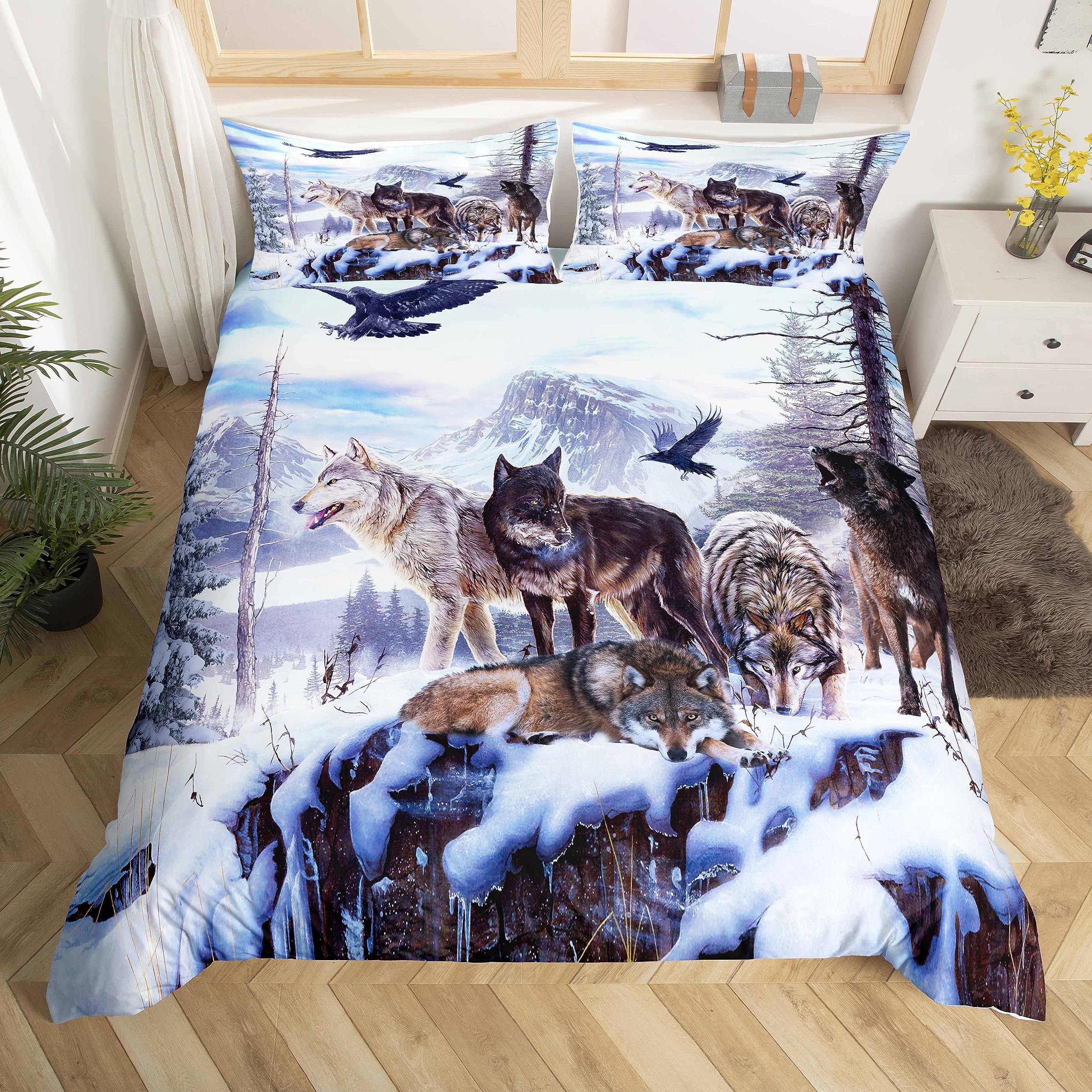 Loussiesd Schneefeld Wolf Bettwäsche Set 135x200 cm 3D Wölfe Drucken Bettbezug Set für Kinder Jungen Weiß Blau Tierwelt Tiere Betten Set Super weich Mikrofaser mit 1 Kissenbezug Reißverschluss