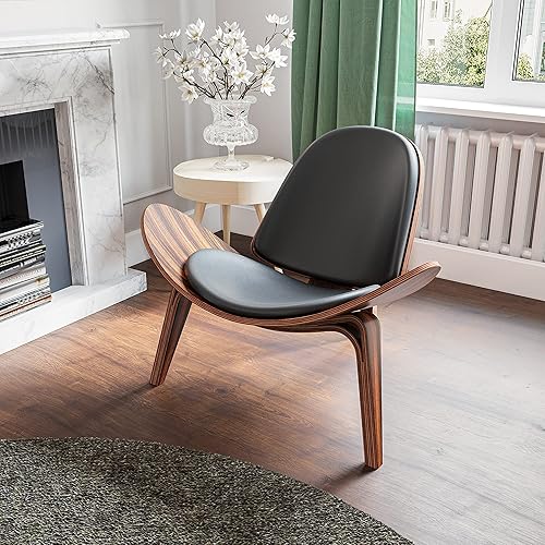 Furgle Silla moderna de mediados de siglo con trípode de piel sintética negra silla decorativa de madera maciza para cocina sala de estar silla