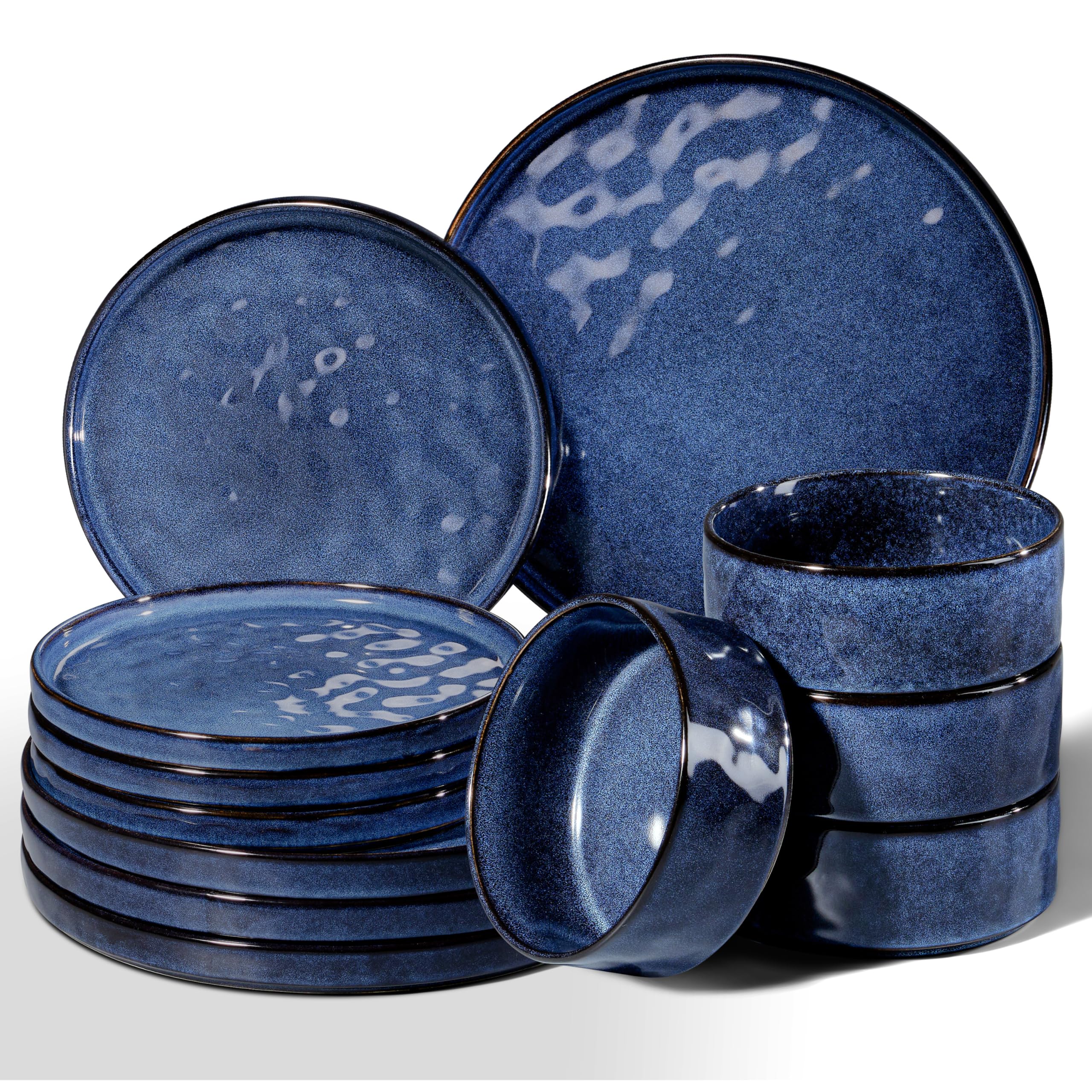 Juego de vajilla Homikit, juego de vajilla de 12 piezas para 4 personas, servicio de mesa combinado con platos llanos, platos de postre y cuencos para cereales, azul noble