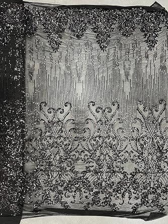 Angelica Black Curlicues and Leaves Sequins on Mesh Lace Fabric by the Yard - 10132