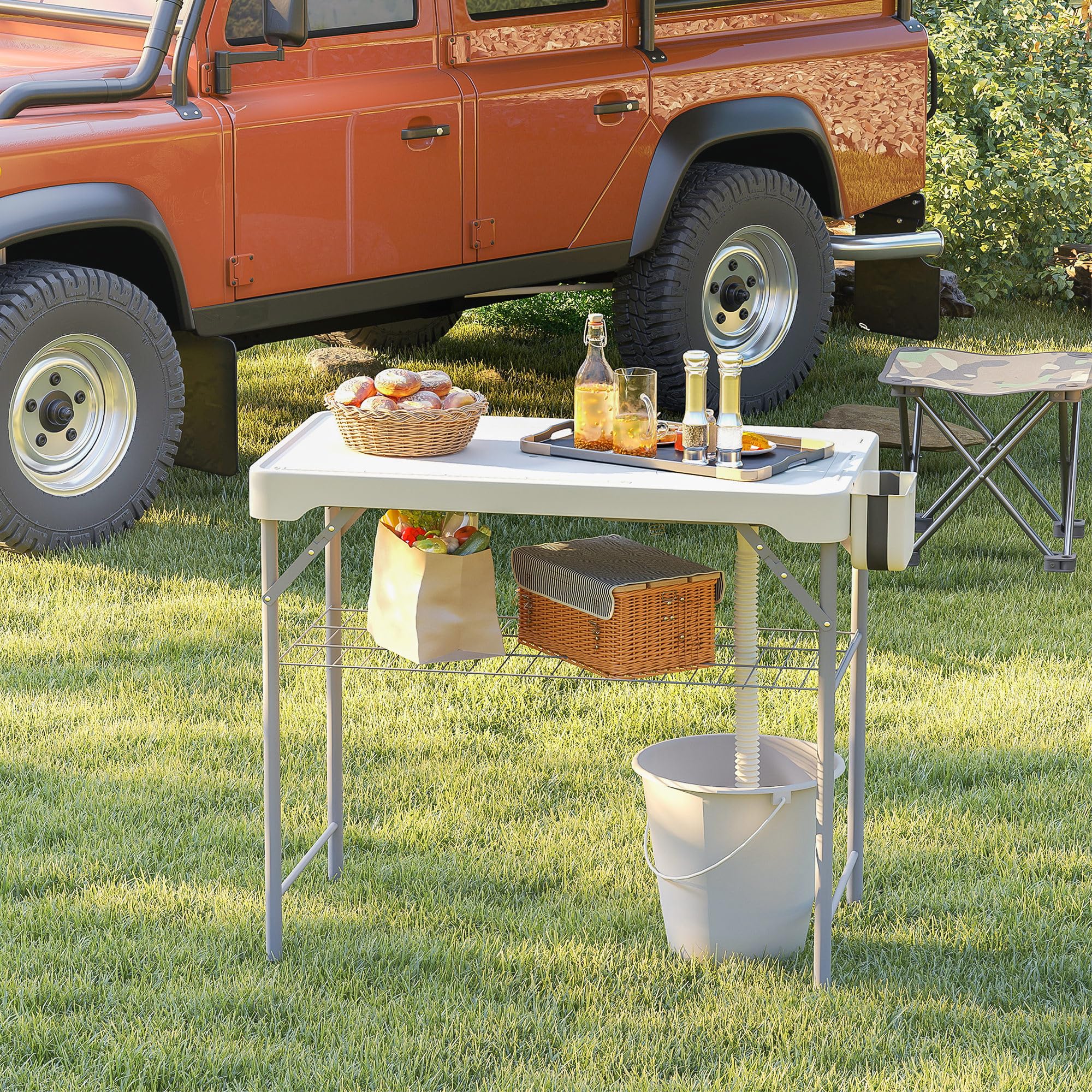 Outsunny Mesa para Limpiar Pescado Portátil Mesa Plegable para Camping con 2 Fregaderos Manguera de Drenaje Estación de Limpieza y Grifo para Pesca Barbacoa 108x58x92 cm Blanco