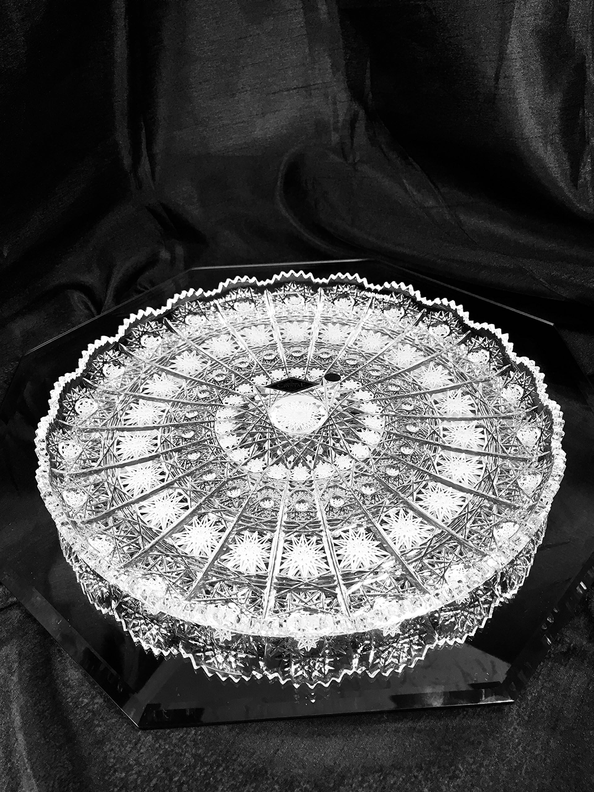 Czech Bohemian Crystal Glass Plate Bowl Platter 11"-Dia Hand Cut Decorative Wedding Gift Vintage Lace Design Elegant Centerpiece Dish Appetizers Fruits Desserts Classic Crystal Glass