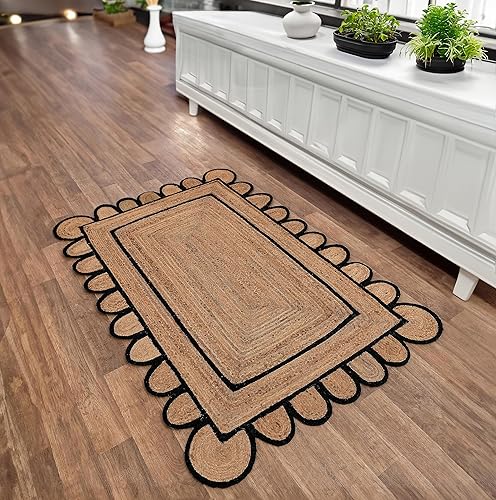 Alfombra de yute festoneado de 5 x 7 pulgadas, alfombra de baño bohemia natural de 2 x 3 pulgadas, alfombra de pasillo de yute para cocina, 2.6 x 6
