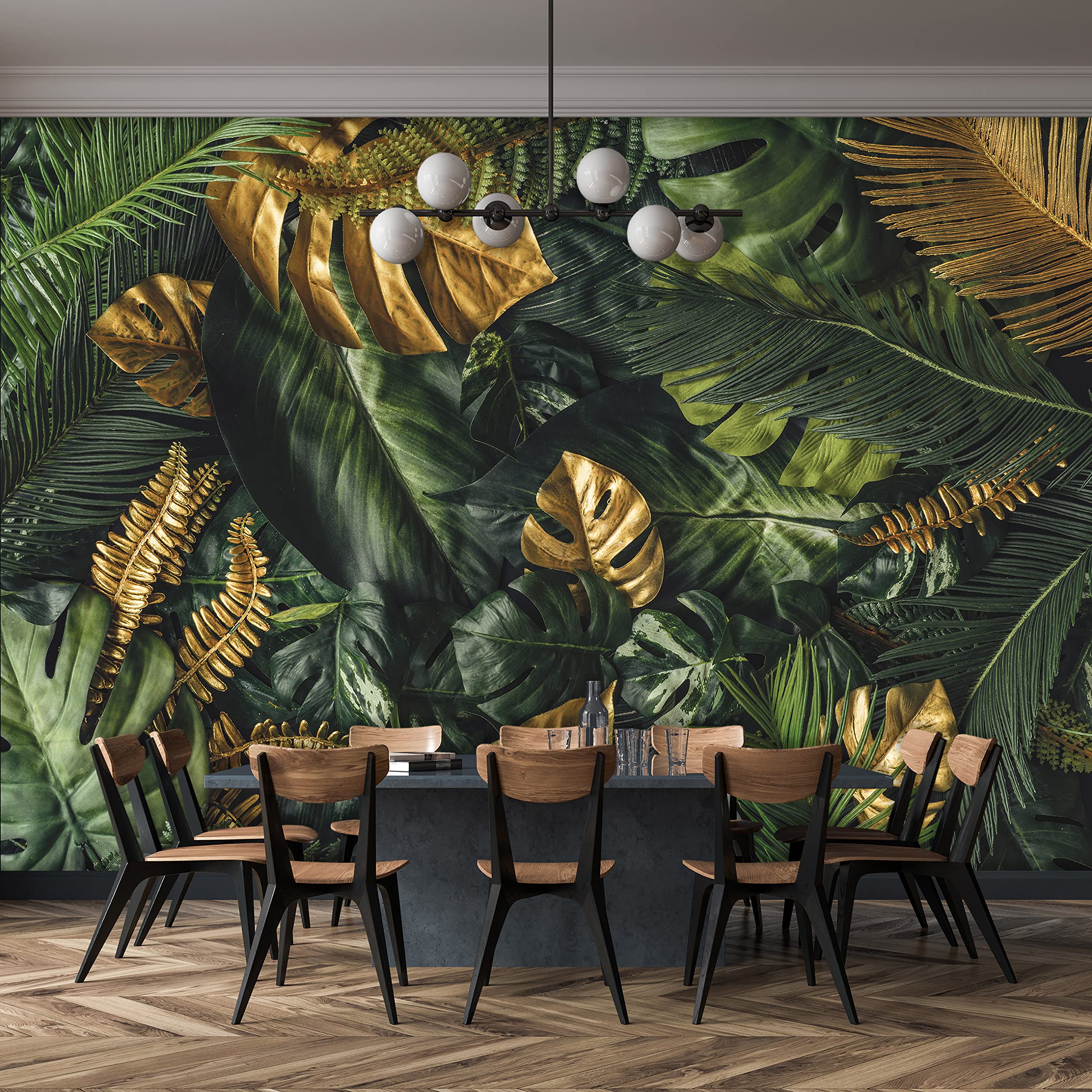 WallArena Carta Da Parati Fotografica Foglie Verde Oro Monstera - Include Colla - Moderna Design Carta per Pareti Soggiorno Camera Da Letto Sala Fotomurali In Tessuto Non Tessuto TNT (416x254 cm)
