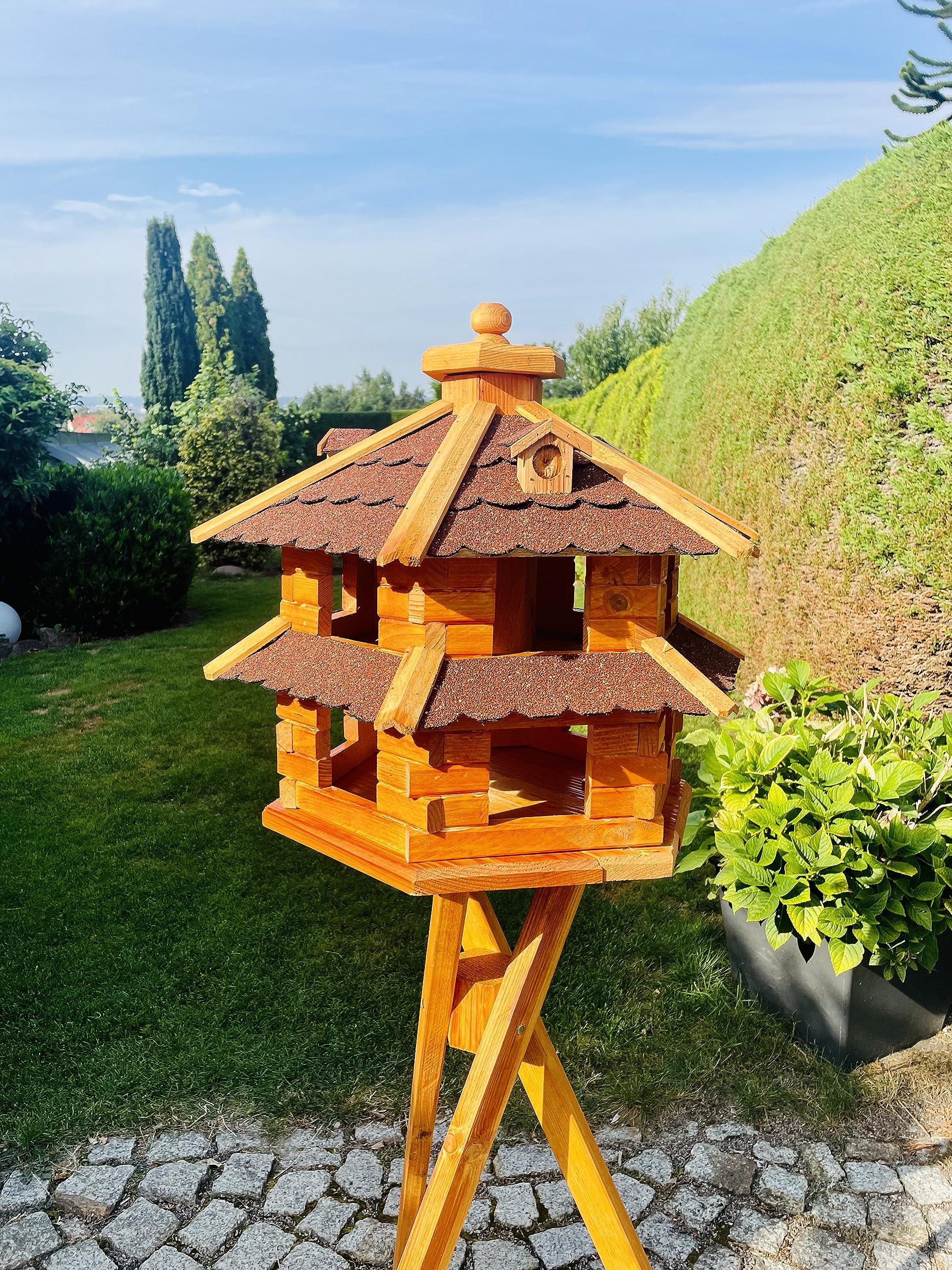 Darlux Vogelvilla L, zeshoekige voederplaats voor vogels, twee verdiepingen, van hout, bruin/rood