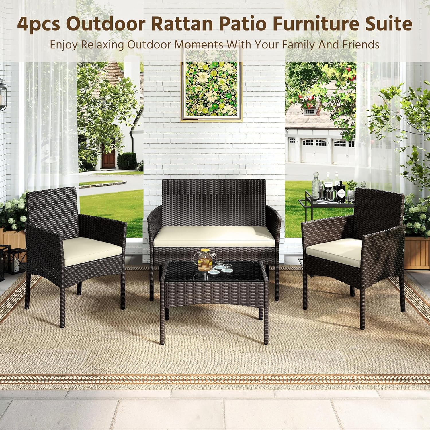 Yaheetech Patio Furniture Set 4 Pieces Conversation Sets, Rattan Chair Wicker Set Loveseat with Soft Cushion and Glass Table for Backyard Porch Garden Poolside Balcony, Brown and Beige