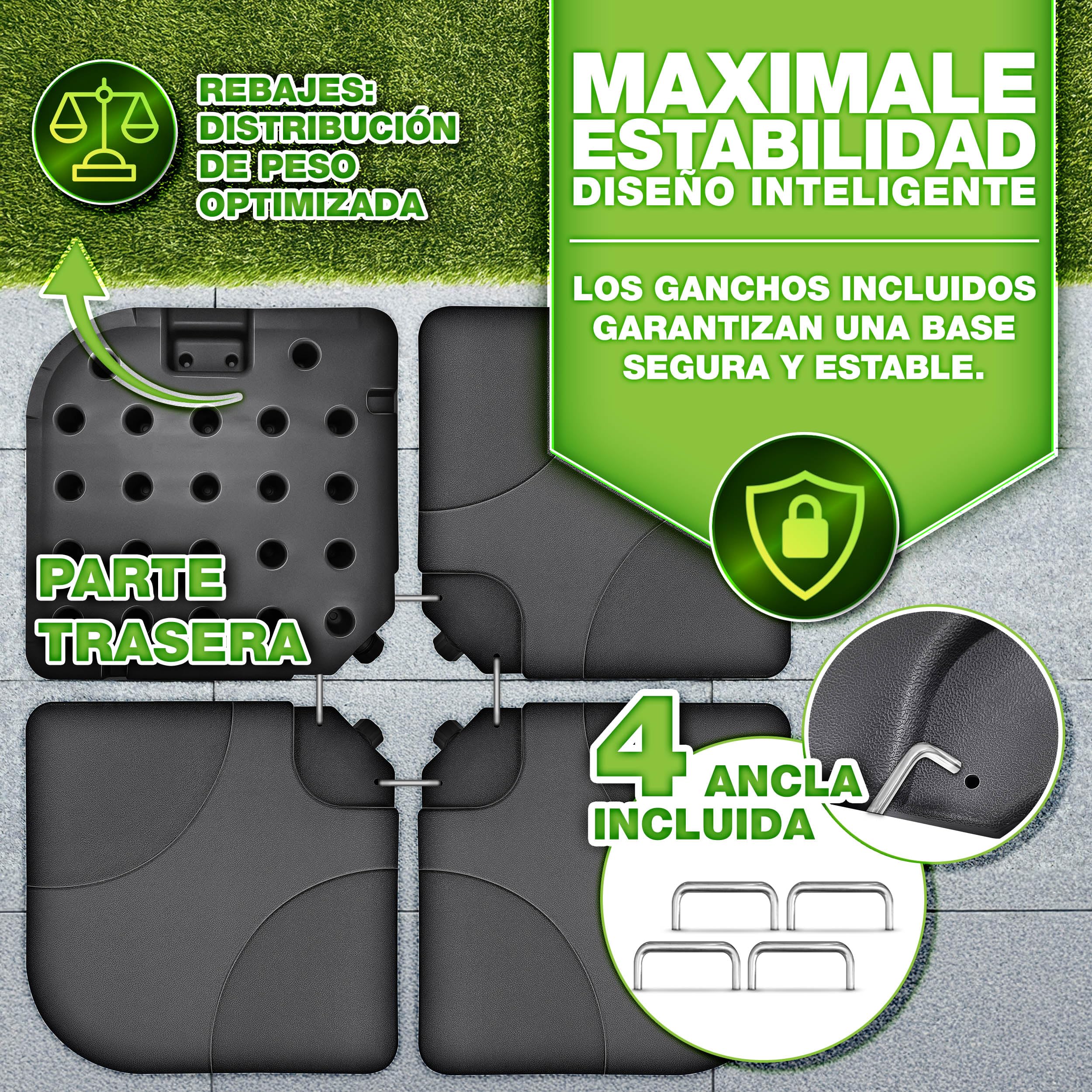 tillvex Soporte para sombrilla de 60 litros / 80 kg – 4 piezas para sombrilla de poste, incluye conectores metálicos | Peso de la sombrilla rellenable con agua o arena | Soporte para sombrilla de