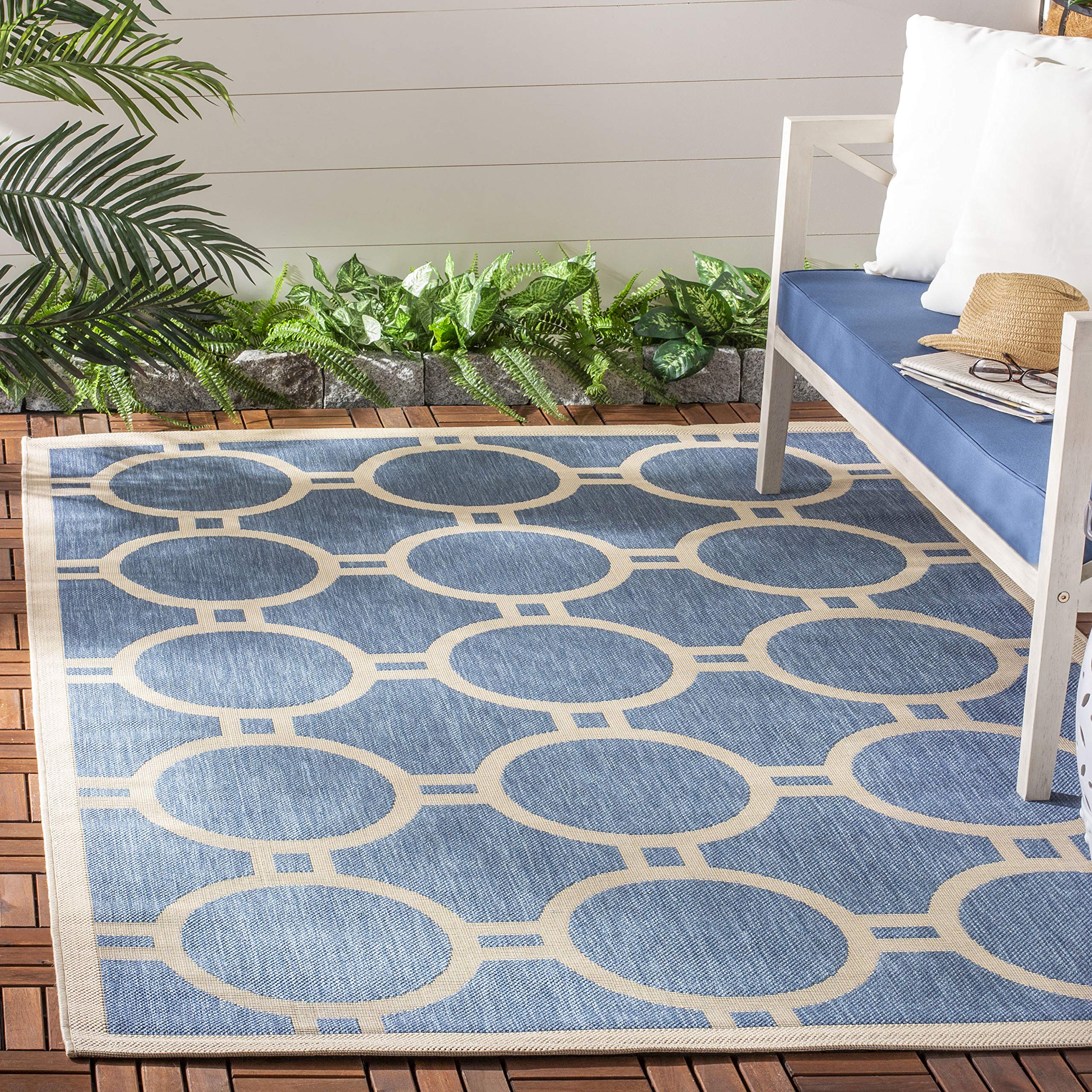 SAFAVIEH Washable Rug Outdoor Courtyard Collection - 7'10" Square, Blue & Beige, Non-Shedding & Easy Cleaning, Ideal for Patio, Backyard, Mudroom (