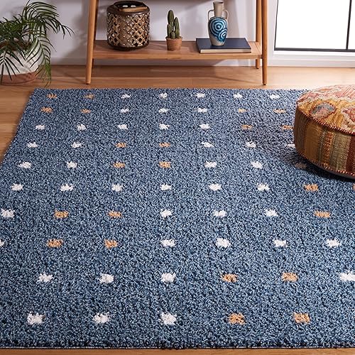 Safavieh Calico Shag Collection CLC102M - Alfombra de área de 8 x 10 pies color azul y marfil no desprende pelusa de 16 pulgadas de grosor