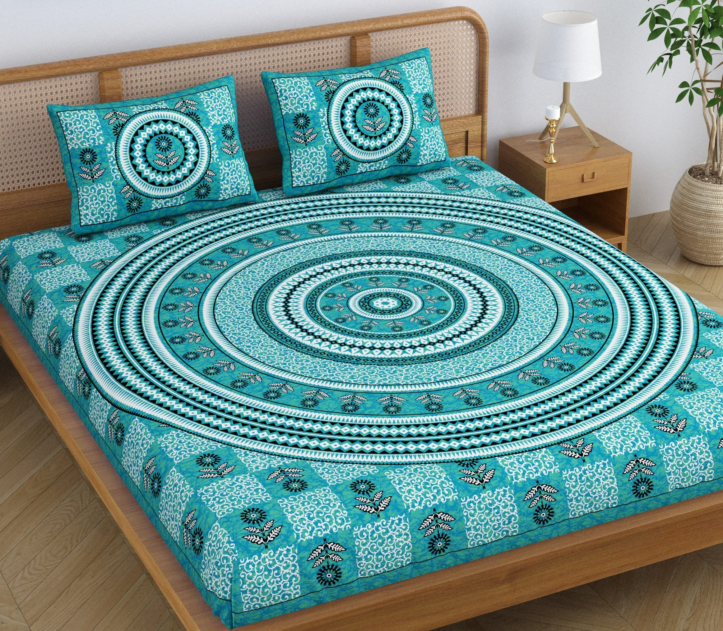 SheetKart Lily Floral Cotton Double Bedsheet Jaipuri Printed Bed Cover with 2 Pillow Covers - Creek Turquoise