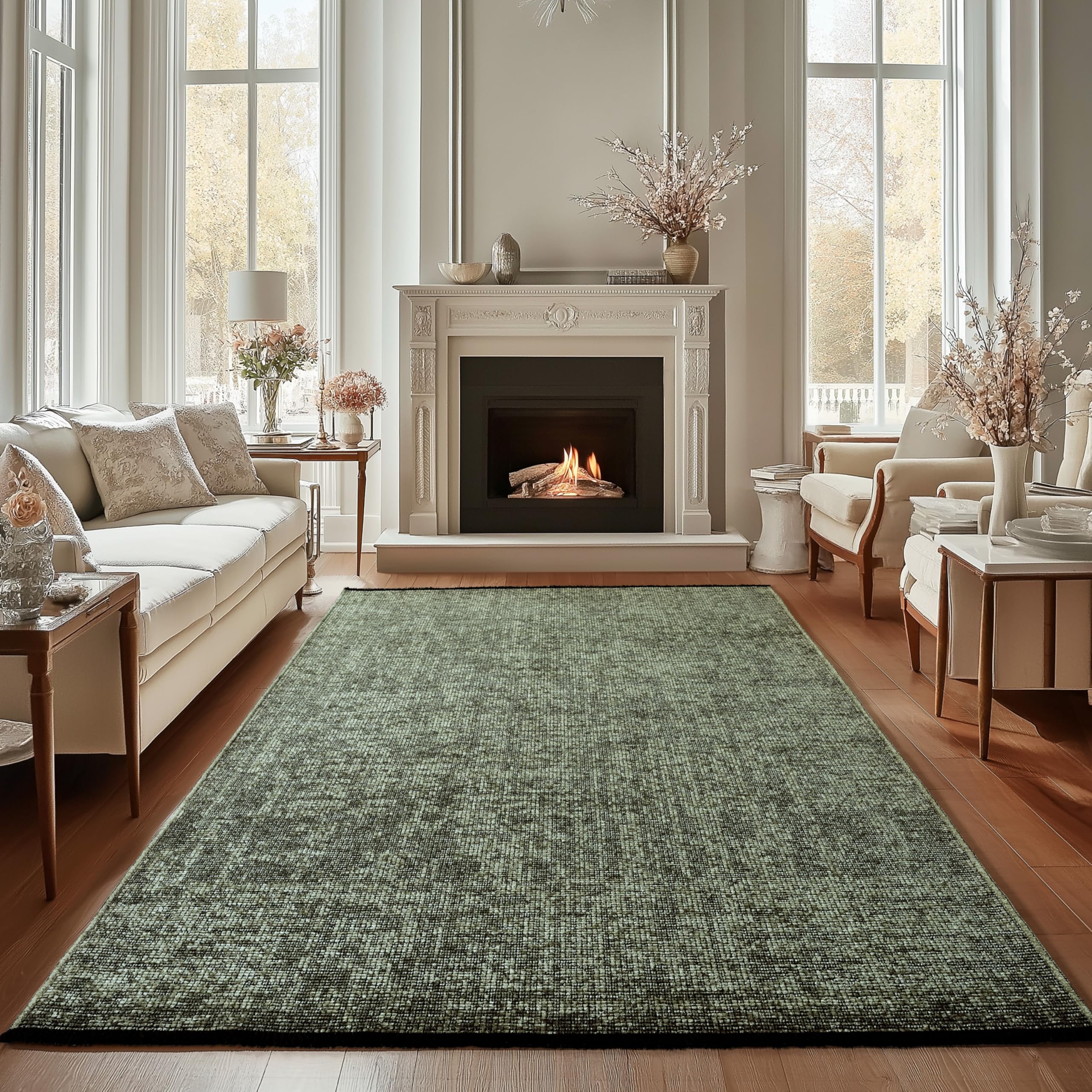 Carpettex Tapis en Coton Chenille Vert 200x290 cm Lavable, Style Boho, Poils Courts Vintage Kelim, Antidérapant et Doux, Mélange Monochrome, pour Salon, Chambre, Bureau & Cuisine