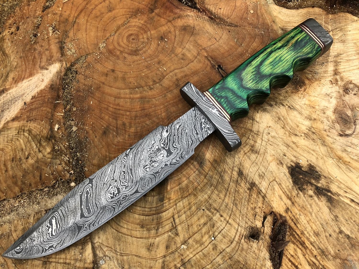 Perkin Damascus Steel Hunting Knife Handmade Knife Fixed Blade (Green Wood Handle and Damascus Guard)