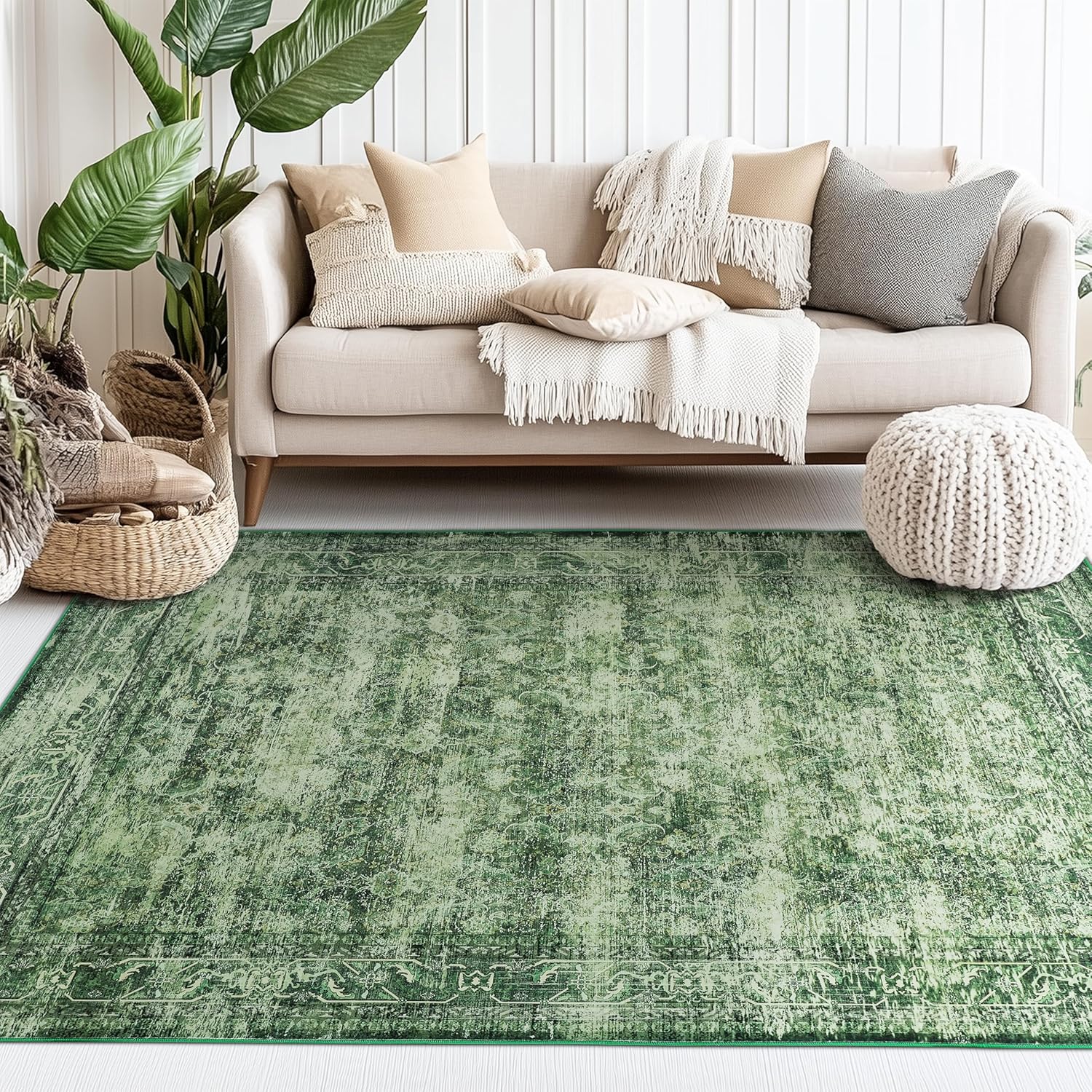 5x7 ft Washable Area Rug - Non-Slip Soft Boho Indoor/Outdoor Rug for Living Room, Bedroom, Office, Kitchen, Patio, Entryway & Kids Room - Green, Stylish & Comfortable