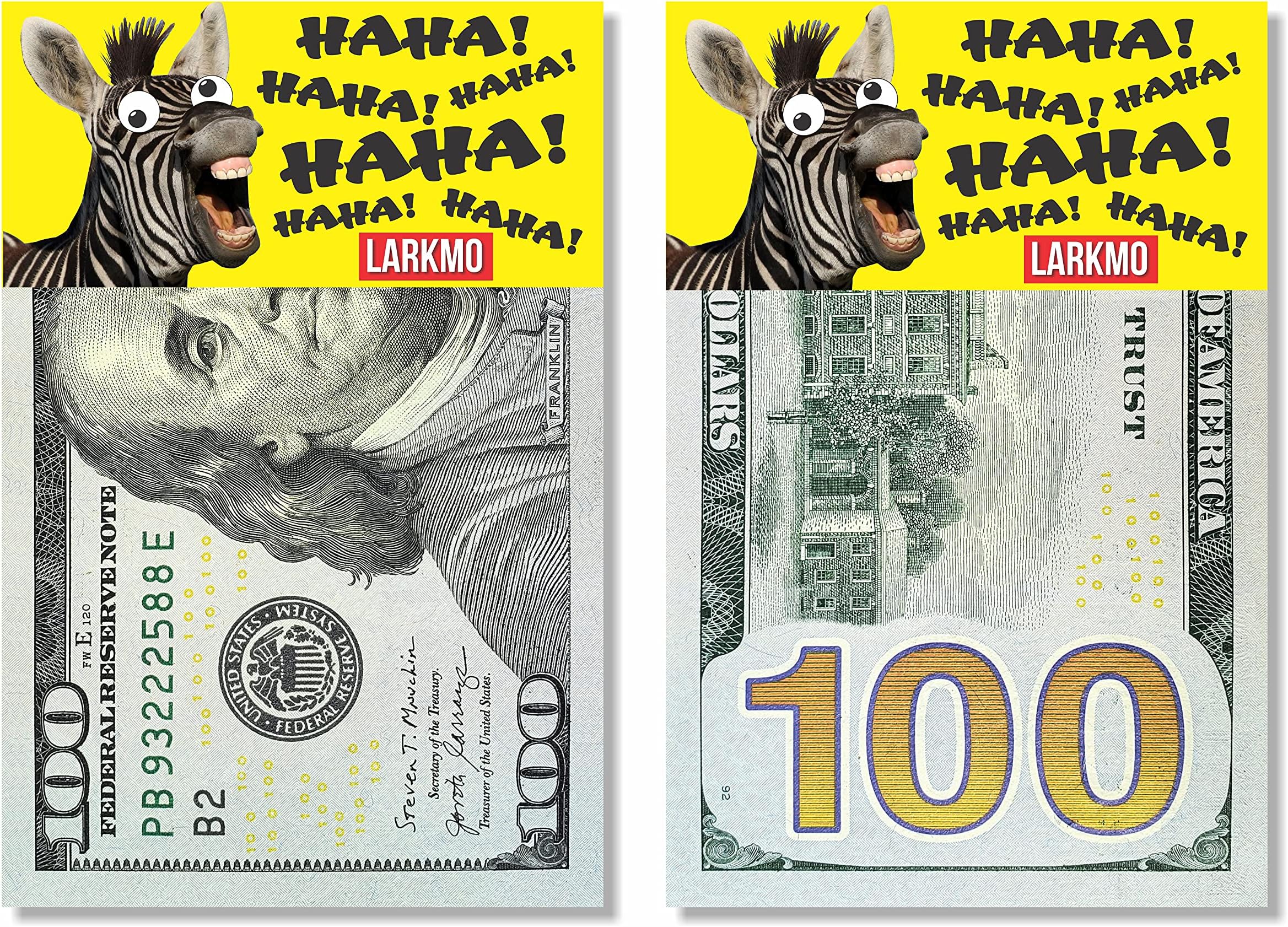 Larkmo The Pranking Zebra Funny $100 Gag, Realistic One Hundred Dollar Bill Joke Office Prank for Men, Women & Children, Great Practical Joke, Kit of 50 Pieces