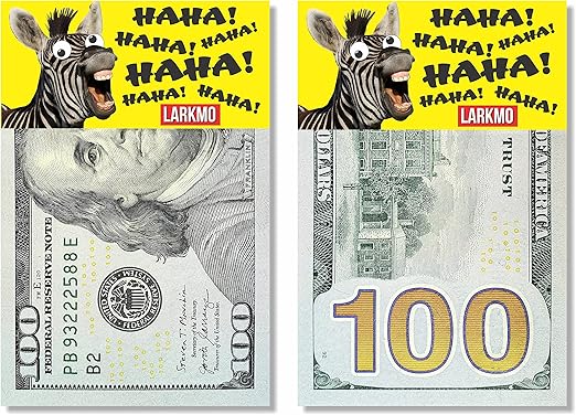 Larkmo The Pranking Zebra Funny $100 Gag, Realistic One Hundred Dollar Bill Joke Office Prank for Men, Women & Children, Great Practical Joke, Kit of 50 Pieces