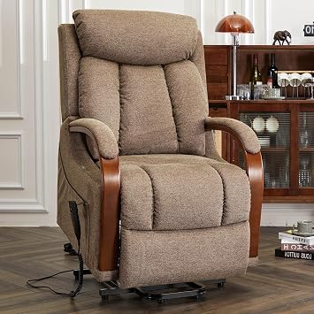 DYNOX Small Lift Chair Recliner with Heat and Massage, Dual Motor Power Lift Sofa for Elderly,Infinite Adjust for Back and Footrest,Side Pocket9185,Brown,Linen Fabric