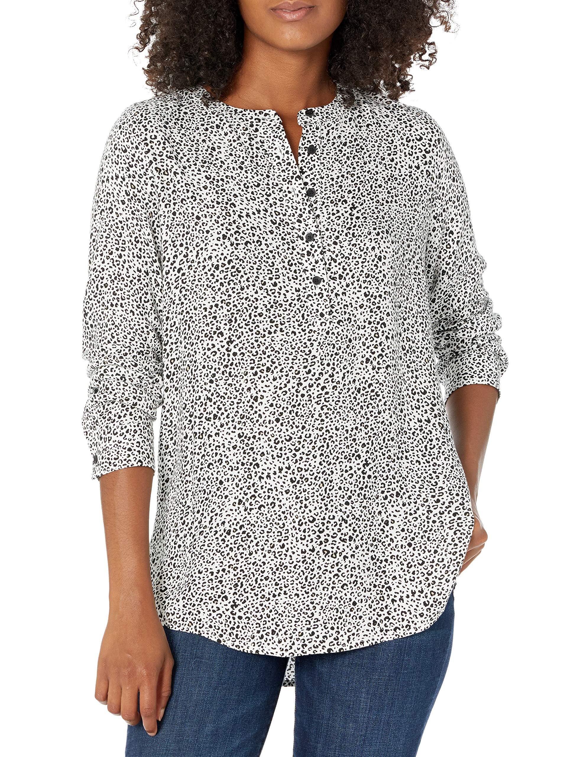 Amazon Essentials Women's Long-Sleeve Woven Blouse, White Leopard, XXL
