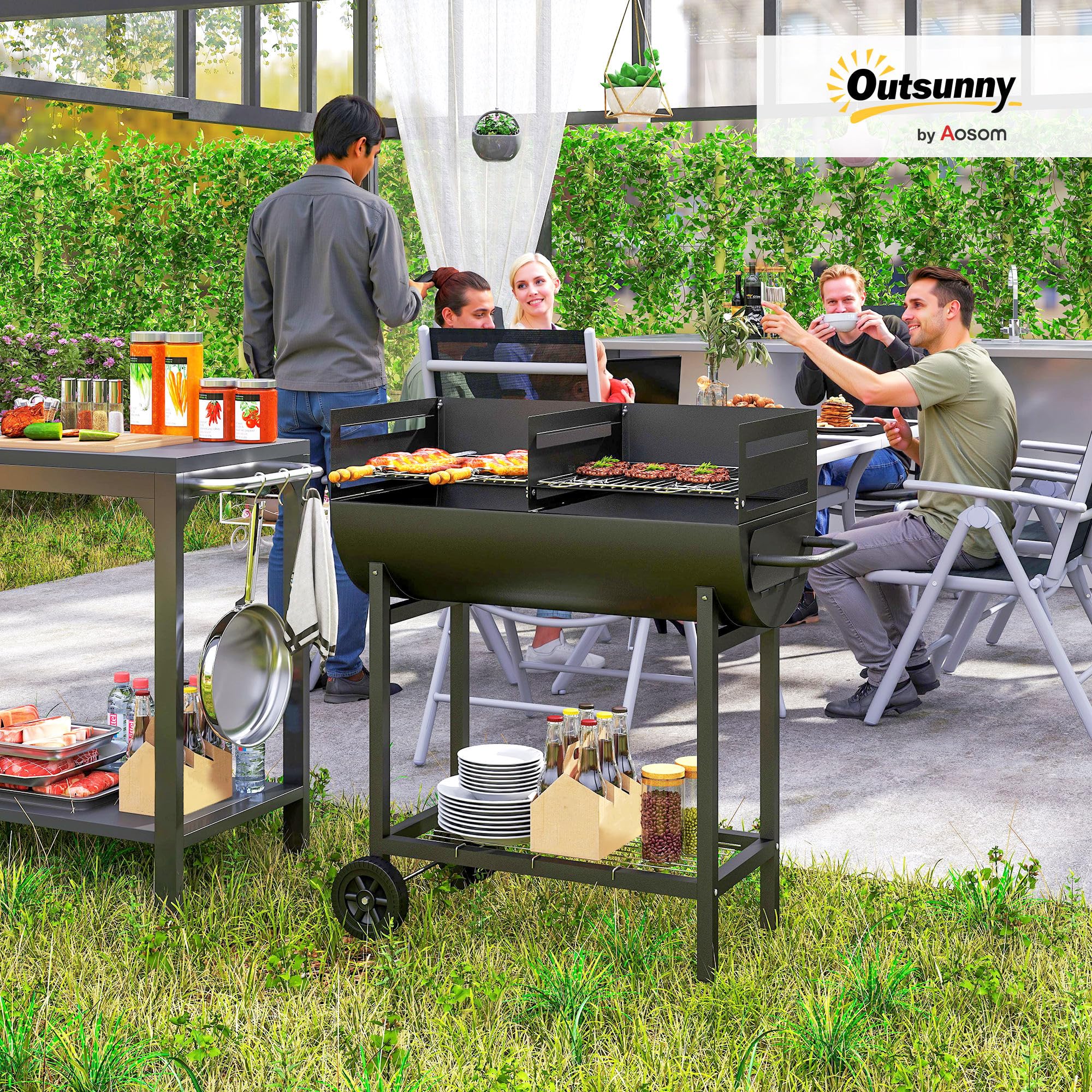 Outsunny Barbacoa de Carbón con Parrilla Ajustable en Altura para Exterior Barbacoa Portátil con Estante de Almacenaje y Ruedas 90x45x96 cm Negro