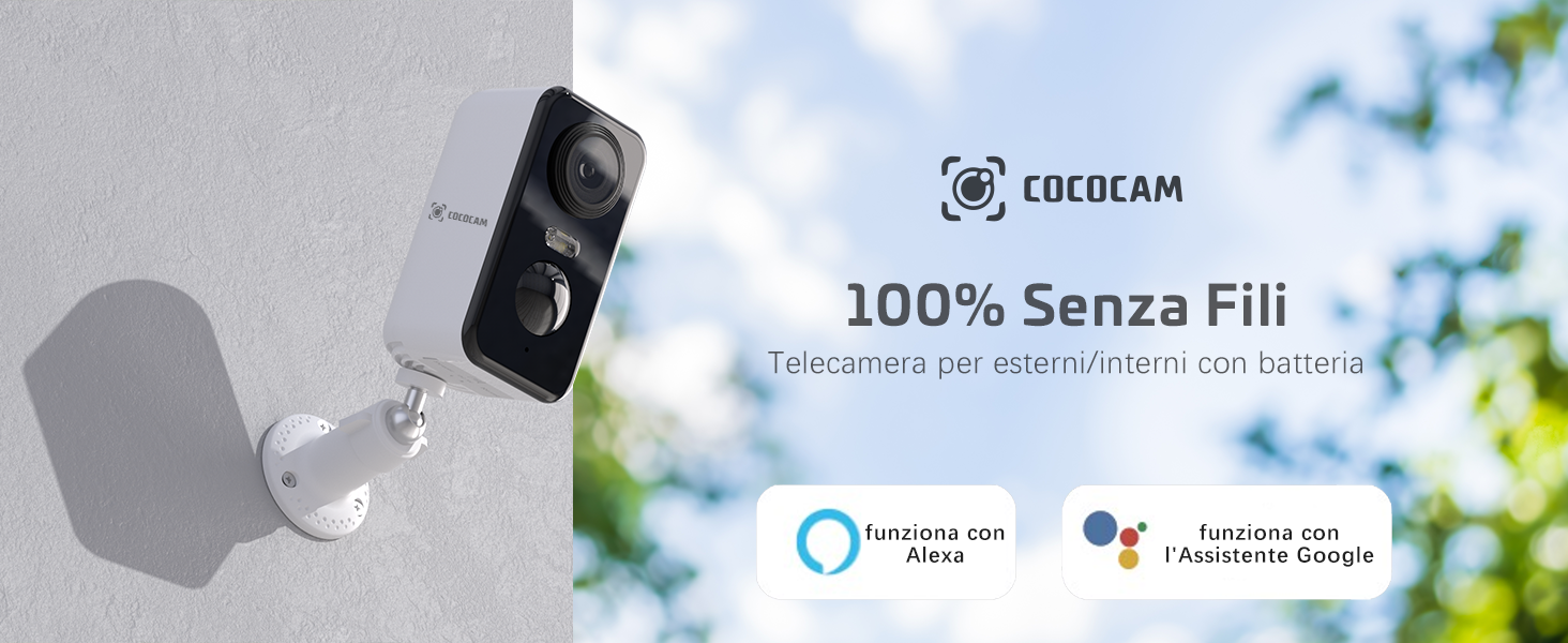 COCOCAM Telecamera Wi-Fi 2K Esterna Senza Fili – Batteria, AI E PIR, Visione Notturna A Colori, IP66, Per Interno/esterno