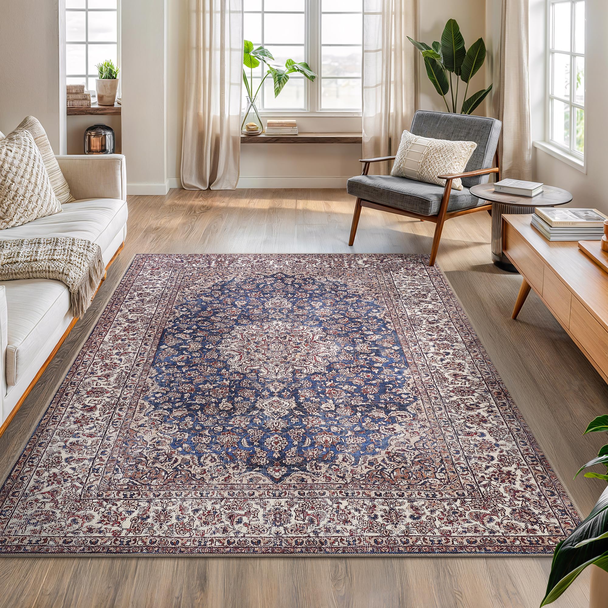 Bloom Rugs Washable Non-Slip 5' x 7' Rug - Dark Blue/Beige Traditional Medallion Area Rug for Living Room, Bedroom, Dining Room, and Kitchen - Exact