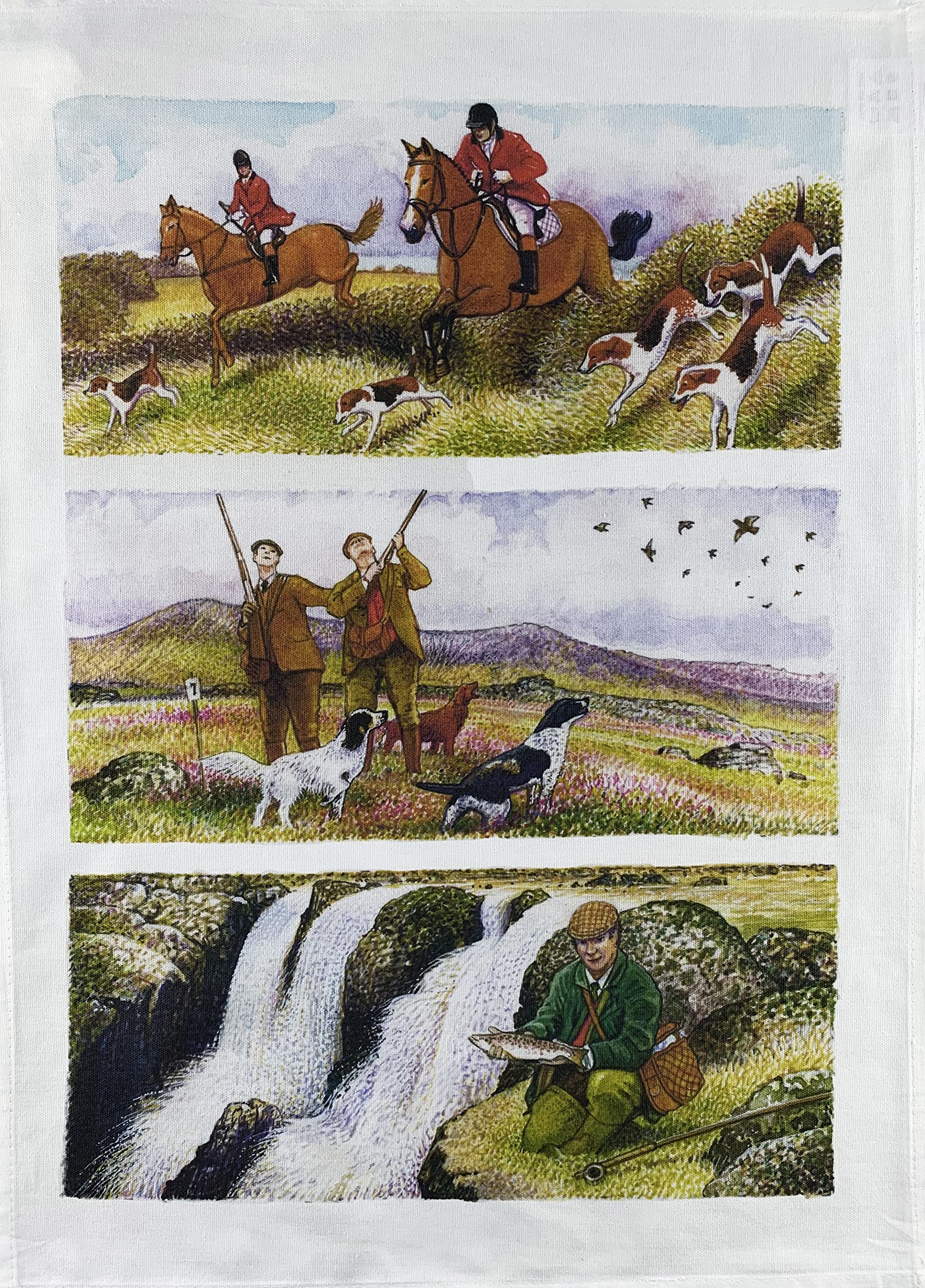 Half A Donkey White Hand Drawn Country Life Pursuits Large Cotton Tea Towel