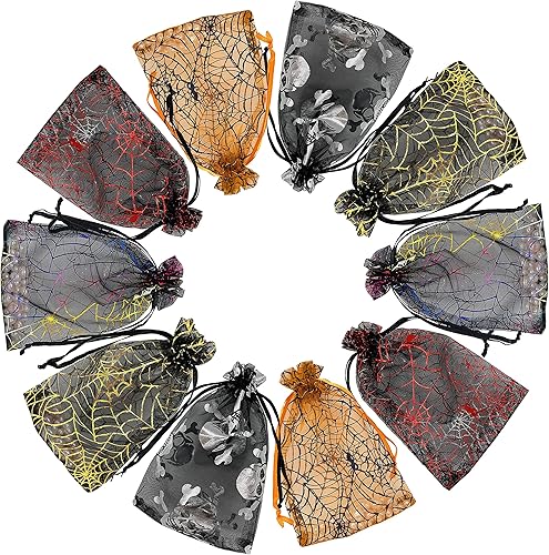 Jexila 100 bolsas de organza de Halloween de 4 x 6, bolsas con cordón para golosinas, dulces de araña negra, bolsas de regalo de joyería para niños,