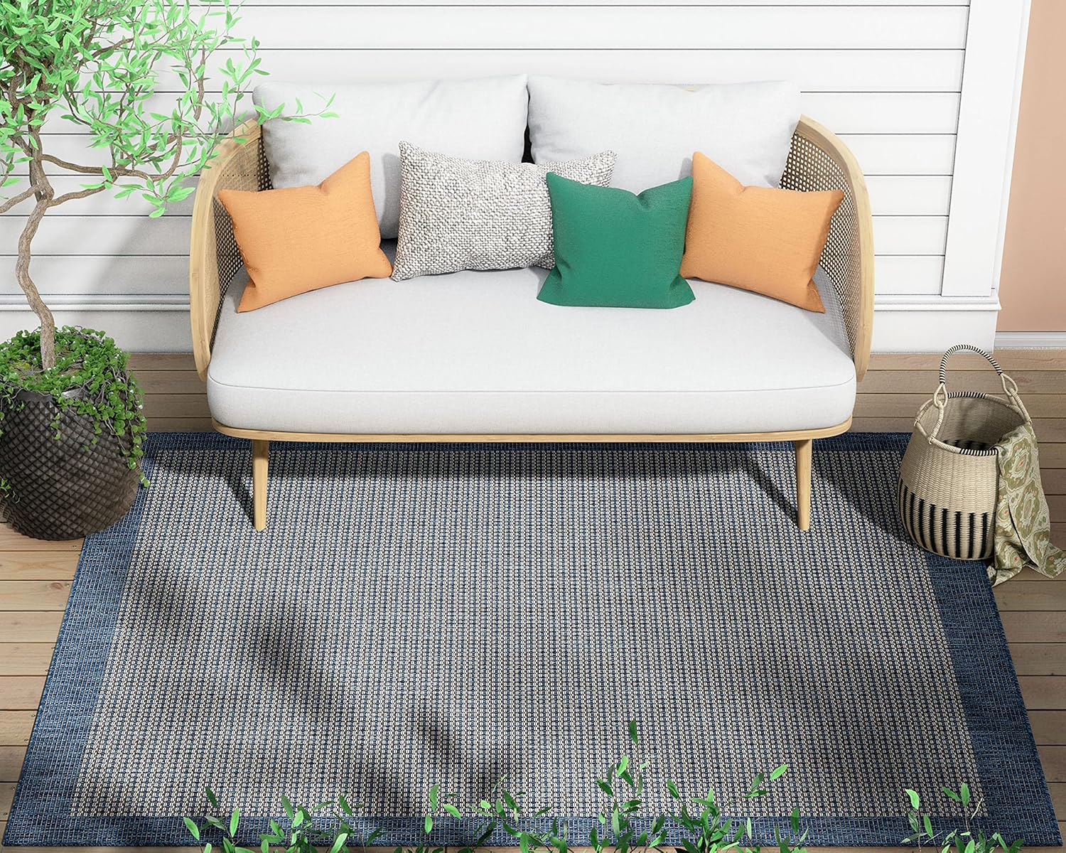 Well Woven Woden Blue Indoor/Outdoor Flat Weave Pile Solid Color Border Pattern Area Rug 3x5 (3'11" x 5'3")