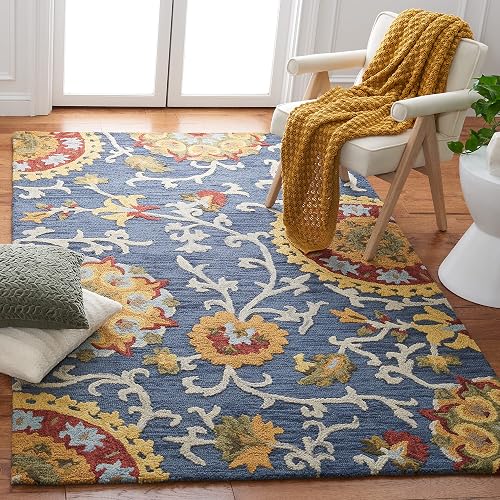 SAFAVIEH Blossom Collection Area Rug - 6' x 9', Navy & Multi, Handmade Wool, Ideal for High Traffic Areas in Living Room, Bedroom (BLM401N)