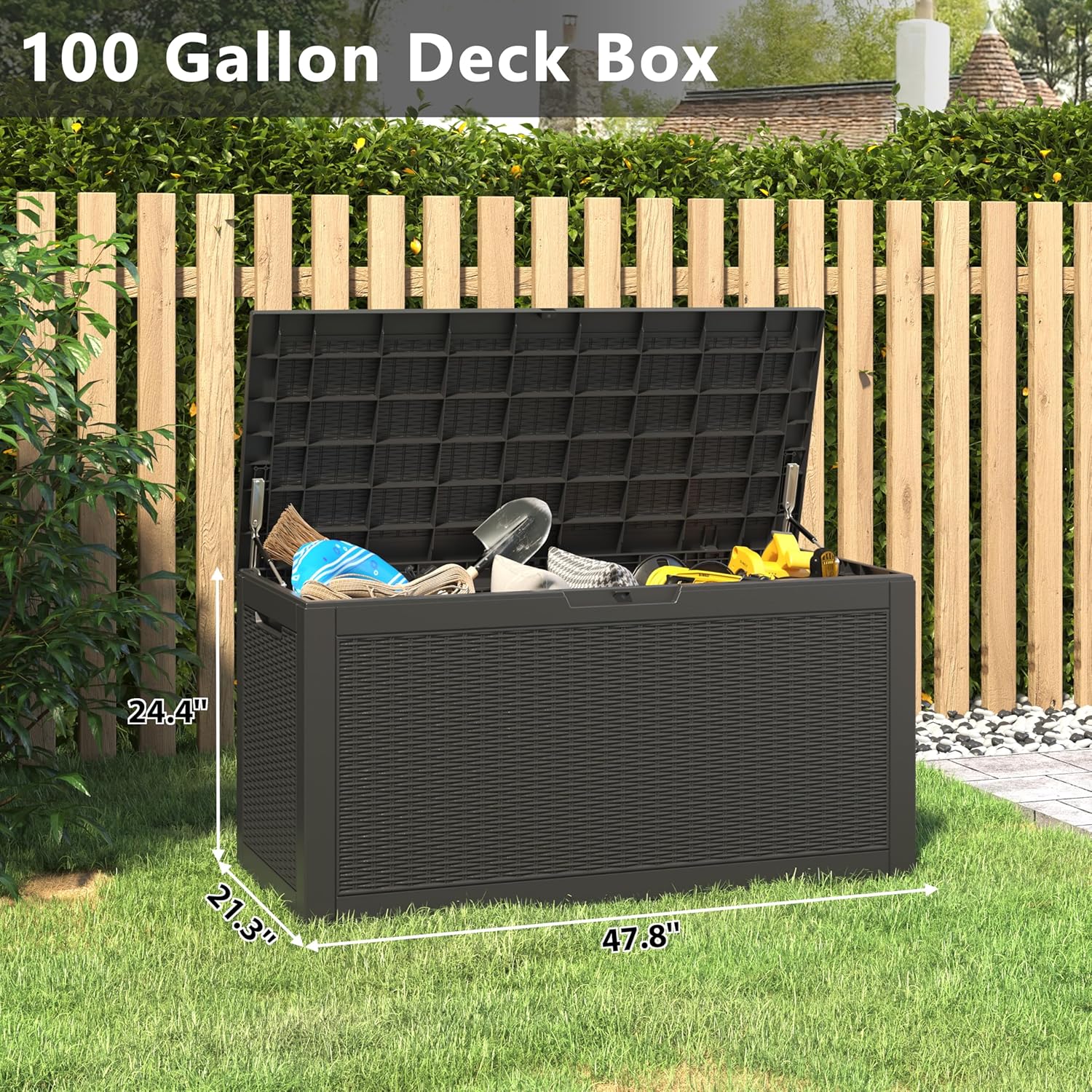 Oudoor Storage Box, 100 Gallon Resin Waterproof Deck Box Outside, Lockable Lid for Delivery Box, Patio, Indoor, Garden Tools, Pool Supplies - Black - Image 8