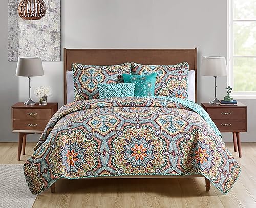 Miniatura 12 de VCNY Home Yara Medallion - Juego de edredón reversible de 5 piezas, tamaño King, aguamarina Multicolor,Aqua,https://www.amazon.com/dp/undefined